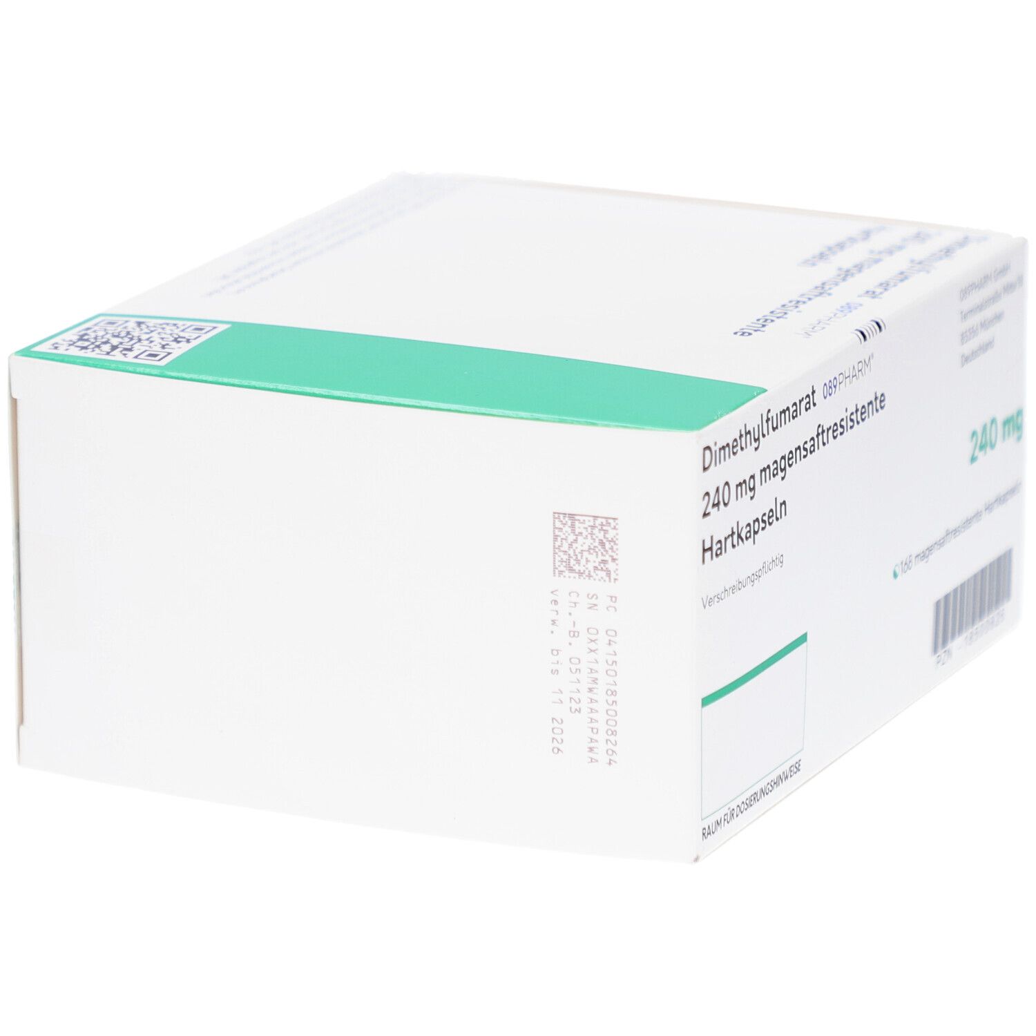 Weißer Karton mit grünen Akzenten. Beschriftung: Dimethylfumarat 240 mg magensaftresistente Hartkapseln. 089Pharm.