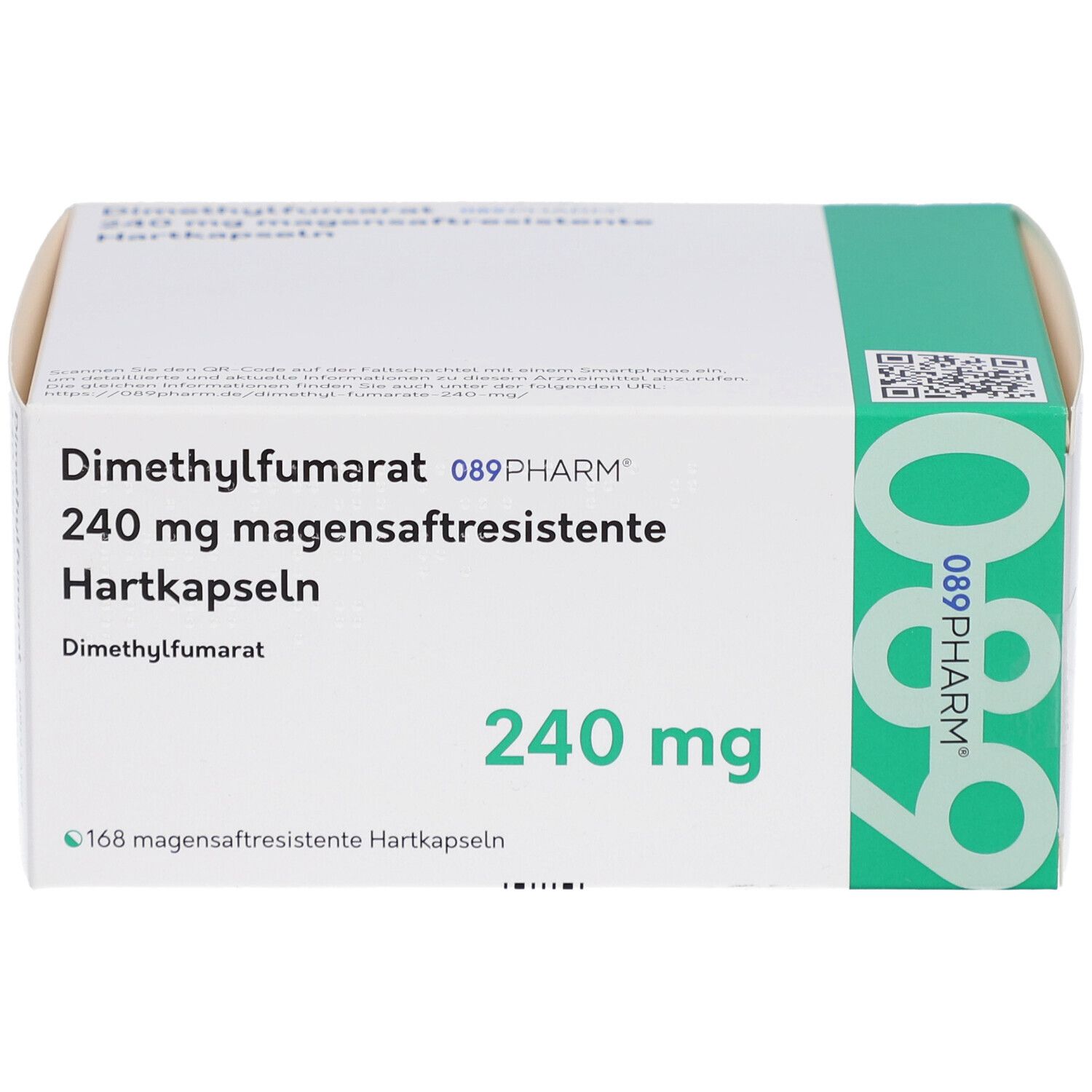 Weißer Karton mit grünen Akzenten. Beschriftung: Dimethylfumarat 240 mg magensaftresistente Hartkapseln. 089Pharm.