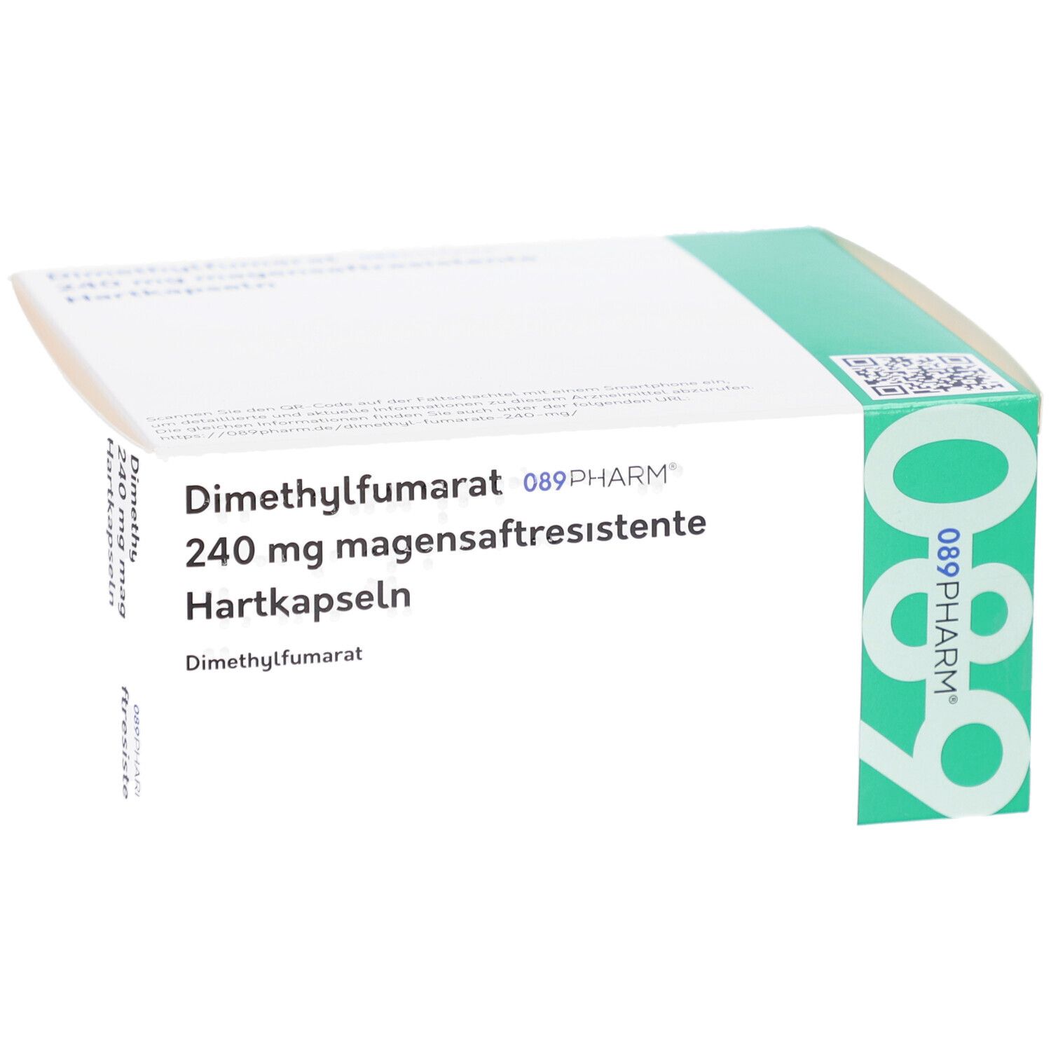 Weißer Karton mit grünen Akzenten. Beschriftung: Dimethylfumarat 240 mg magensaftresistente Hartkapseln. 089Pharm.