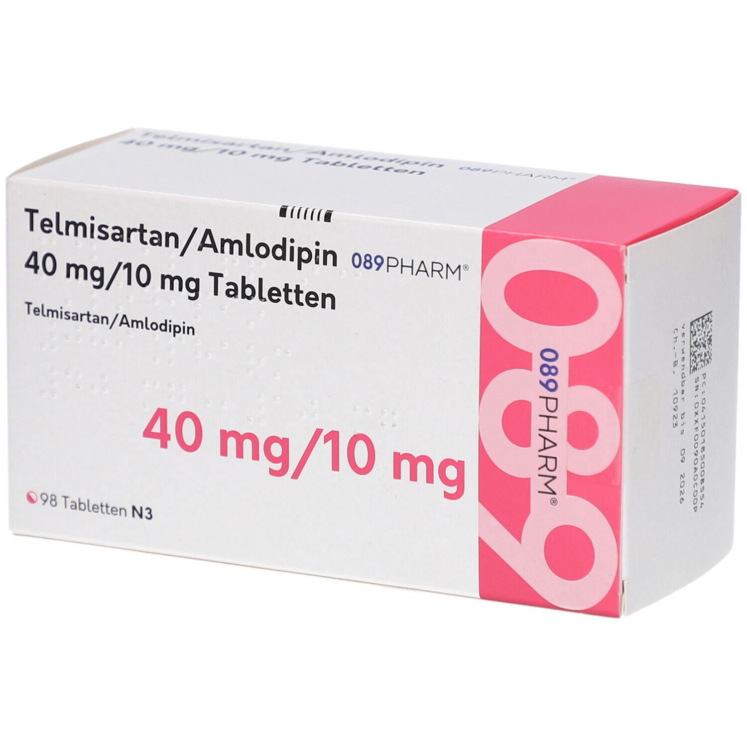 Weißer Karton mit rosa Akzenten. Beschriftung: Telmisartan/Amlodipin 40 mg/10 mg Tabletten. Marke 089PHARM. 98 Tabletten N3.