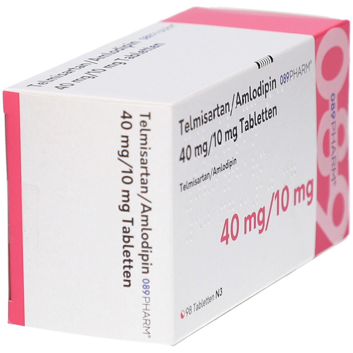 Schräg gestellte weiße Tablettenbox mit rosa Akzenten. Beschriftung: Telmisartan/Amlodipin 40 mg/10 mg Tabletten. Marke 089PHARM.