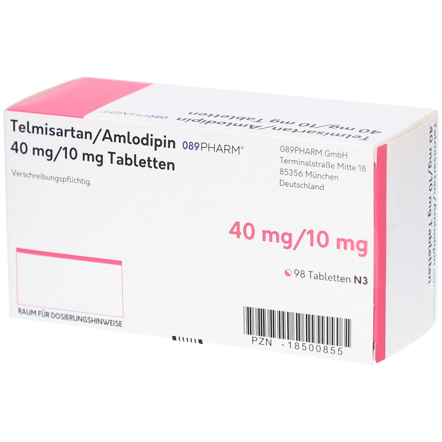Weiße Tablettenbox mit rosa Akzenten. Beschriftung: Telmisartan/Amlodipin 40 mg/10 mg Tabletten. Marke 089PHARM. Barcode und weitere Informationen.