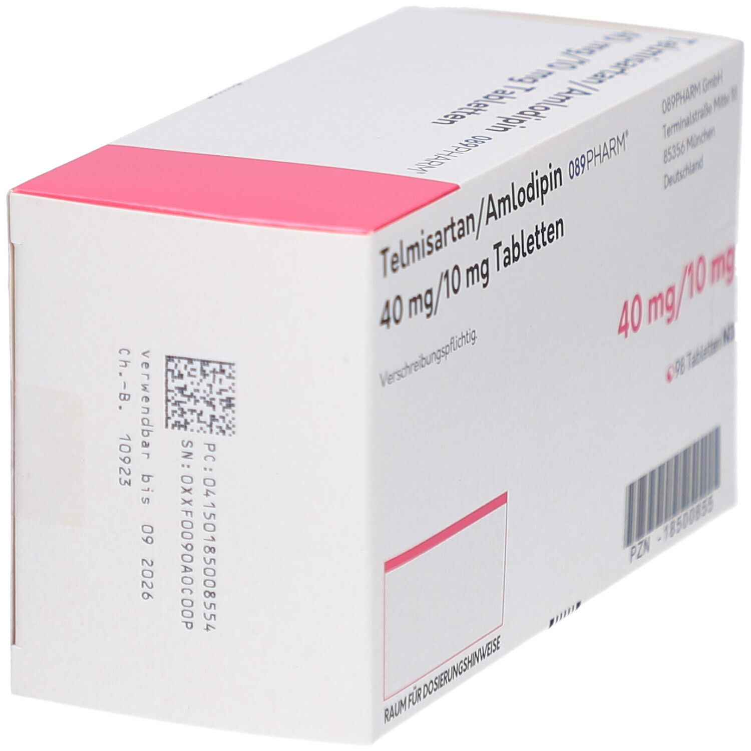 Tablettenbox, weiß mit rosa Akzenten, schräg von unten. Beschriftung: Telmisartan/Amlodipin 40 mg/10 mg Tabletten. Barcode und weitere Informationen.