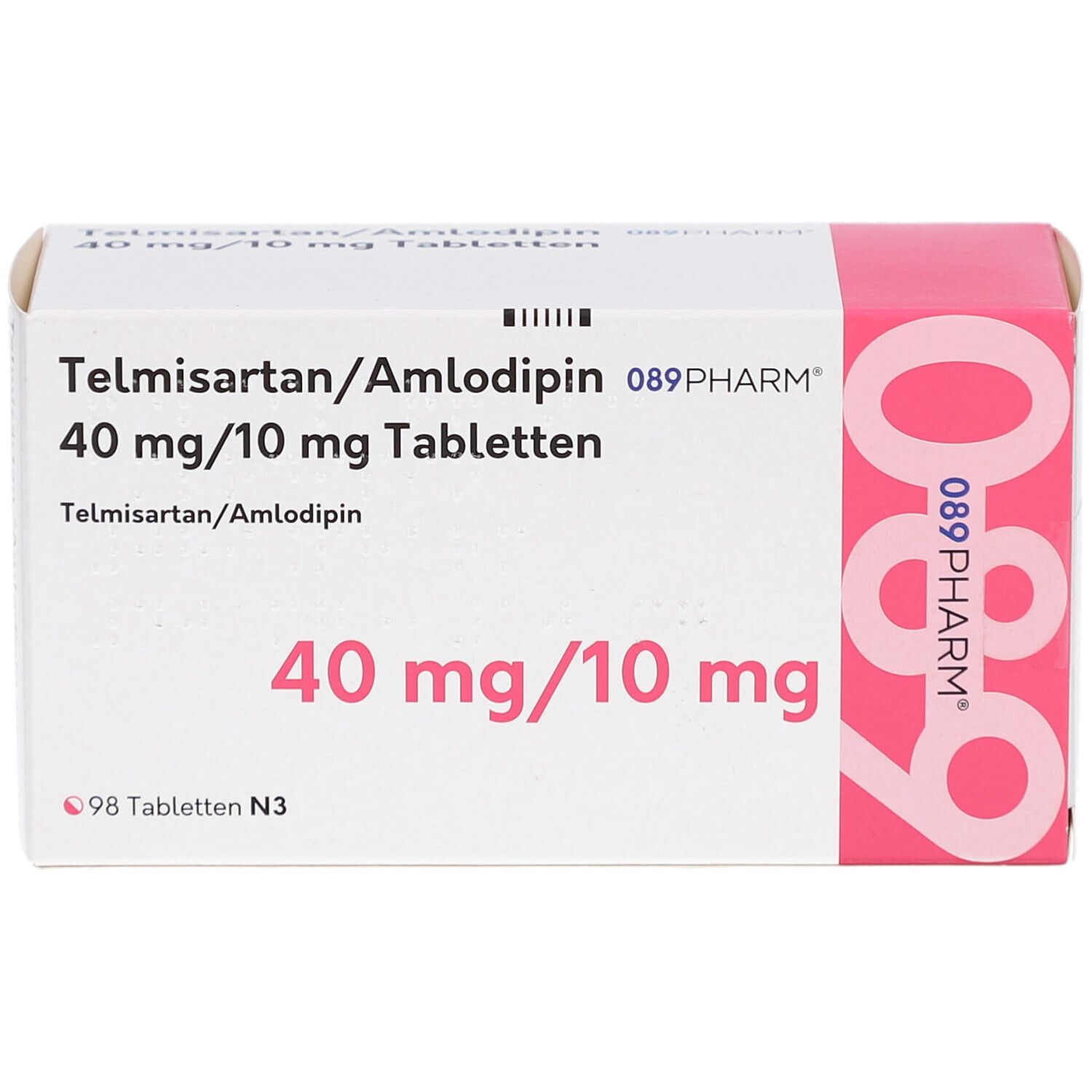 Weiße Tablettenbox mit rosa Akzenten. Beschriftung: Telmisartan/Amlodipin 40 mg/10 mg Tabletten. Marke 089PHARM. 98 Tabletten N3.