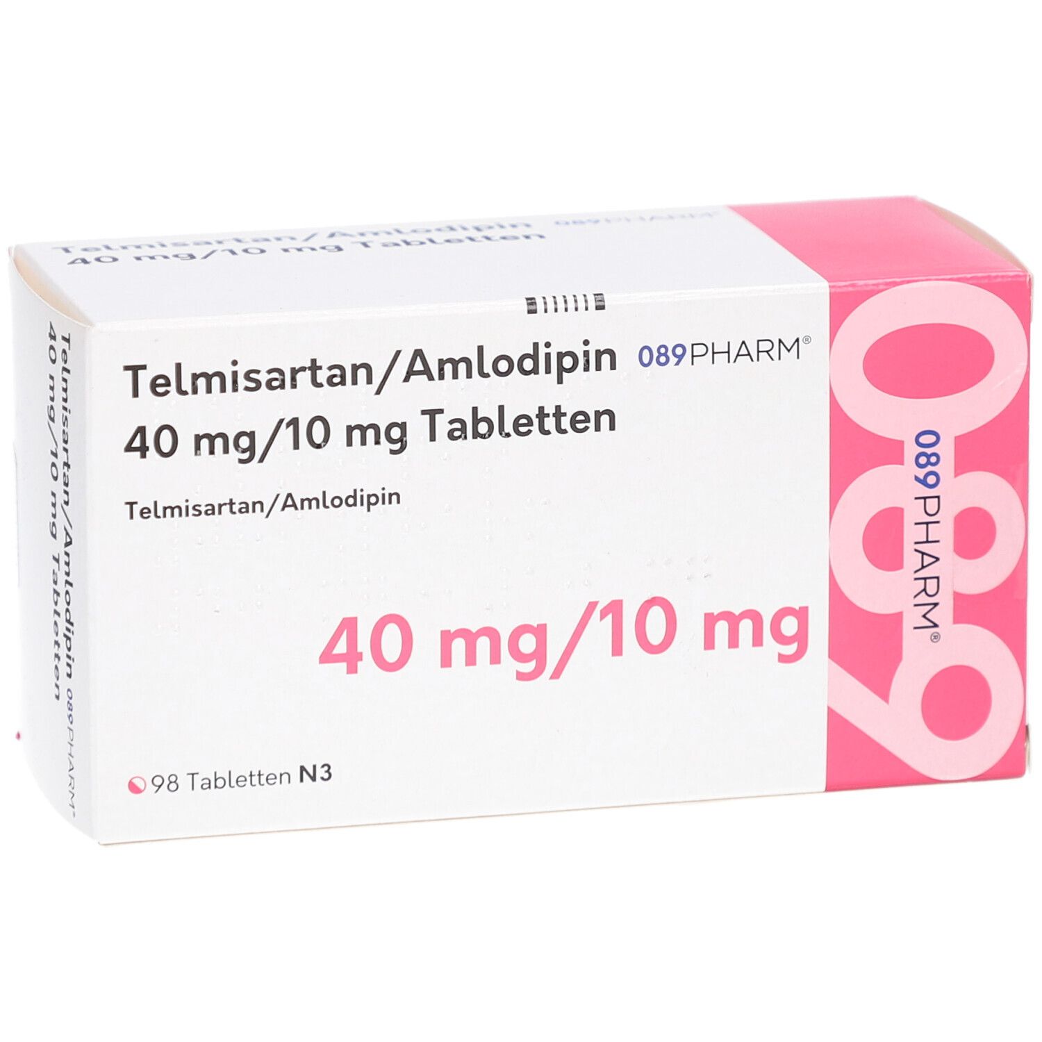 Weiße Tablettenbox mit rosa Akzenten. Beschriftung: Telmisartan/Amlodipin 40 mg/10 mg Tabletten. Marke 089PHARM. 98 Tabletten N3.