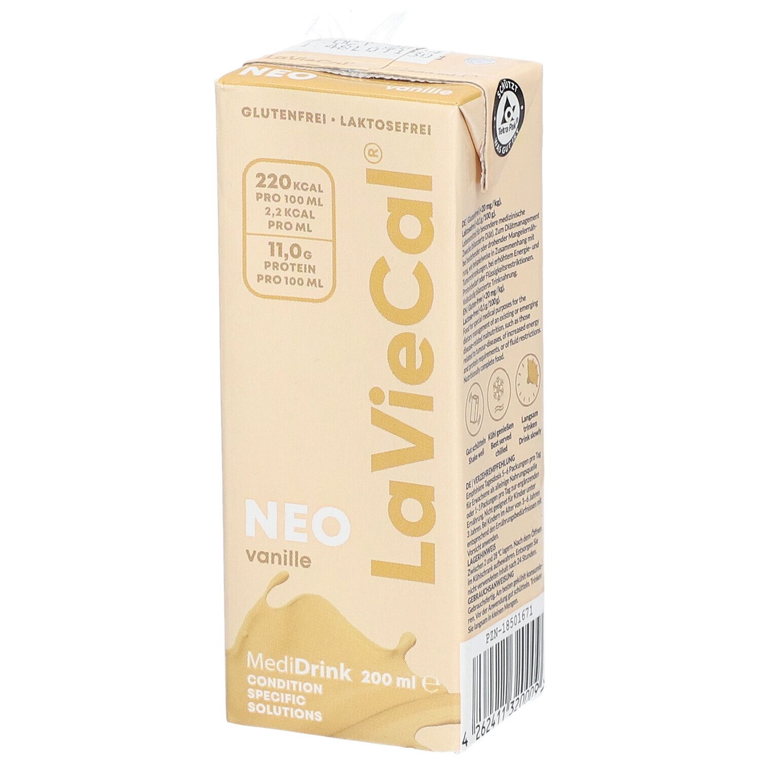 LaVieCal NEO Vanille-Getränk in Tetra Pak-Verpackung. Glutenfrei, laktosefrei. Nährwertangaben aufgedruckt. 200 ml.