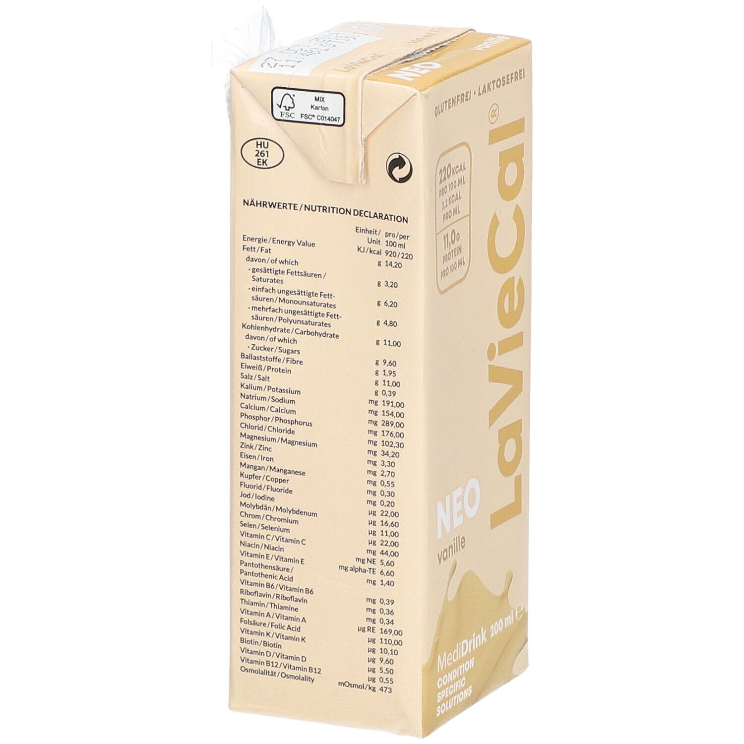 LaVieCal NEO Vanille-Getränk, Tetra Pak. Nährwertdeklaration aufgedruckt. Enthält Energie, Fett, Kohlenhydrate, Zucker, Eiweiß, Salz, Vitamine.