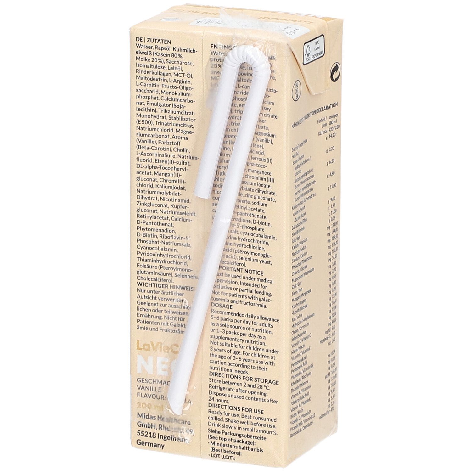LaVieCal NEO Vanille-Getränk in Tetra Pak. Strohhalm angebracht. Zutatenliste und wichtige Hinweise aufgedruckt. 200 ml.
