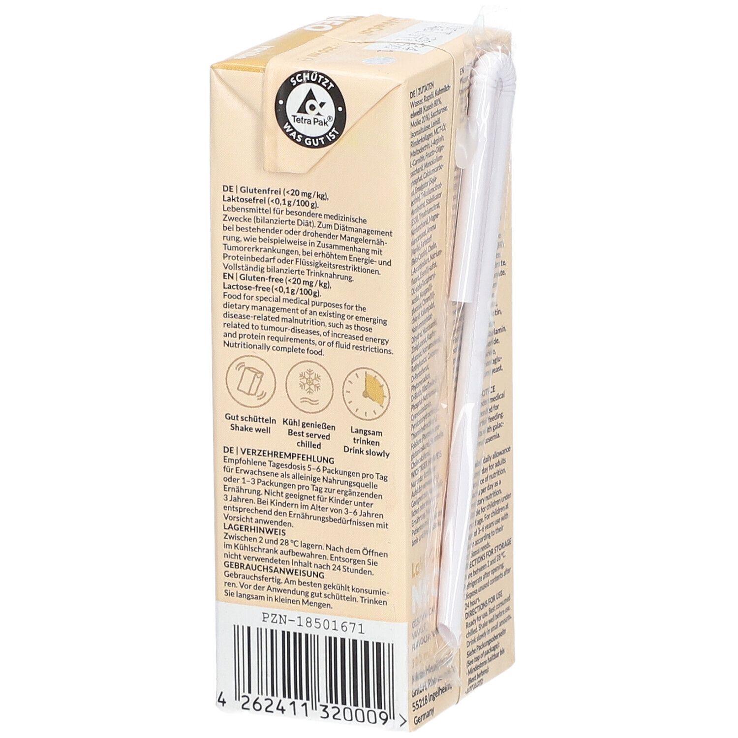 LaVieCal NEO Vanille-Getränk, Tetra Pak. Hinweise zur Anwendung und Lagerung. Glutenfrei, laktosefrei. Tetra Pak-Logo.