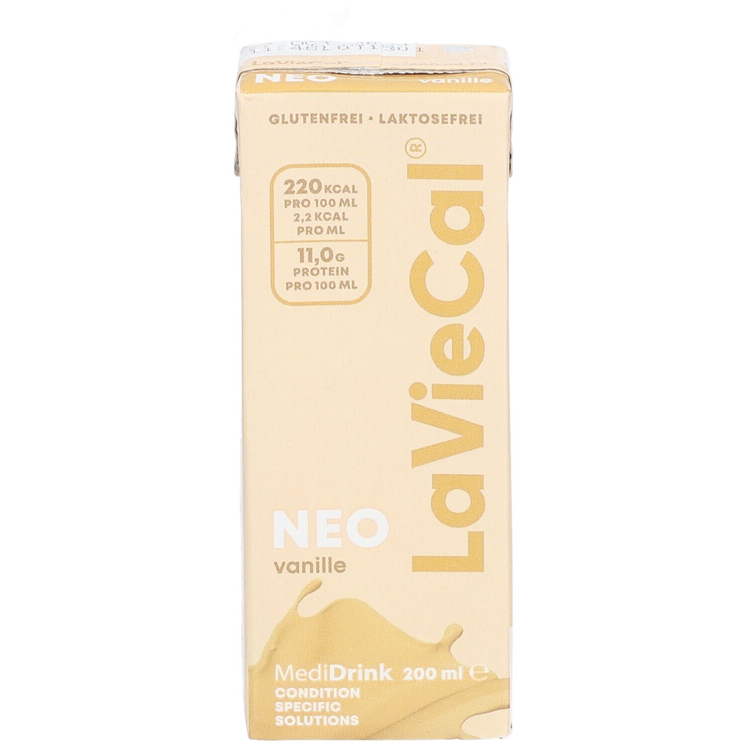 LaVieCal NEO Vanille-Getränk in Tetra Pak. Glutenfrei, laktosefrei. Nährwertangaben: Kalorien, Protein. 200 ml. Vanille-Geschmack.
