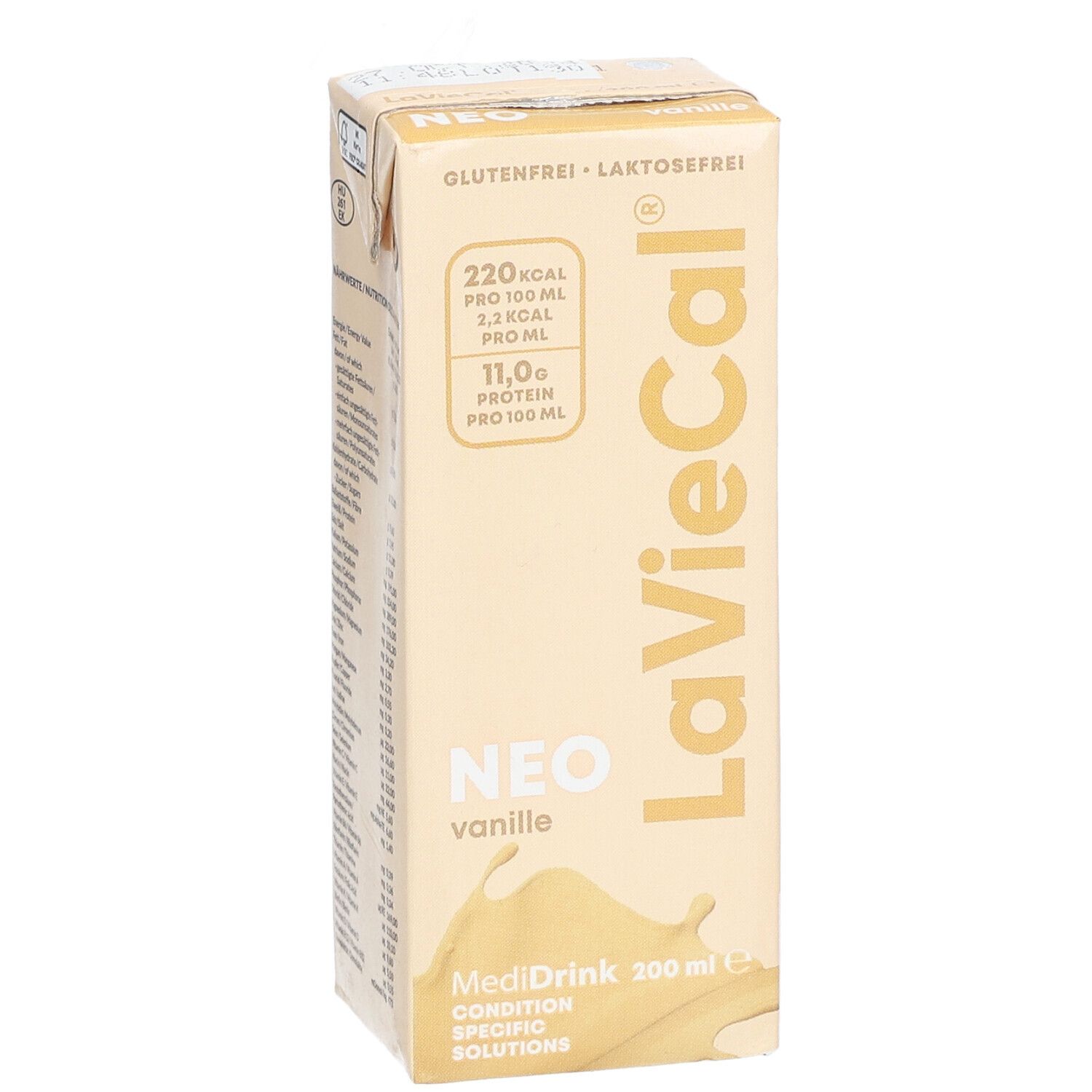LaVieCal NEO Vanille-Getränk in Tetra Pak. Glutenfrei, laktosefrei. Nährwertangaben: Kalorien, Protein. 200 ml. Vanille-Geschmack.