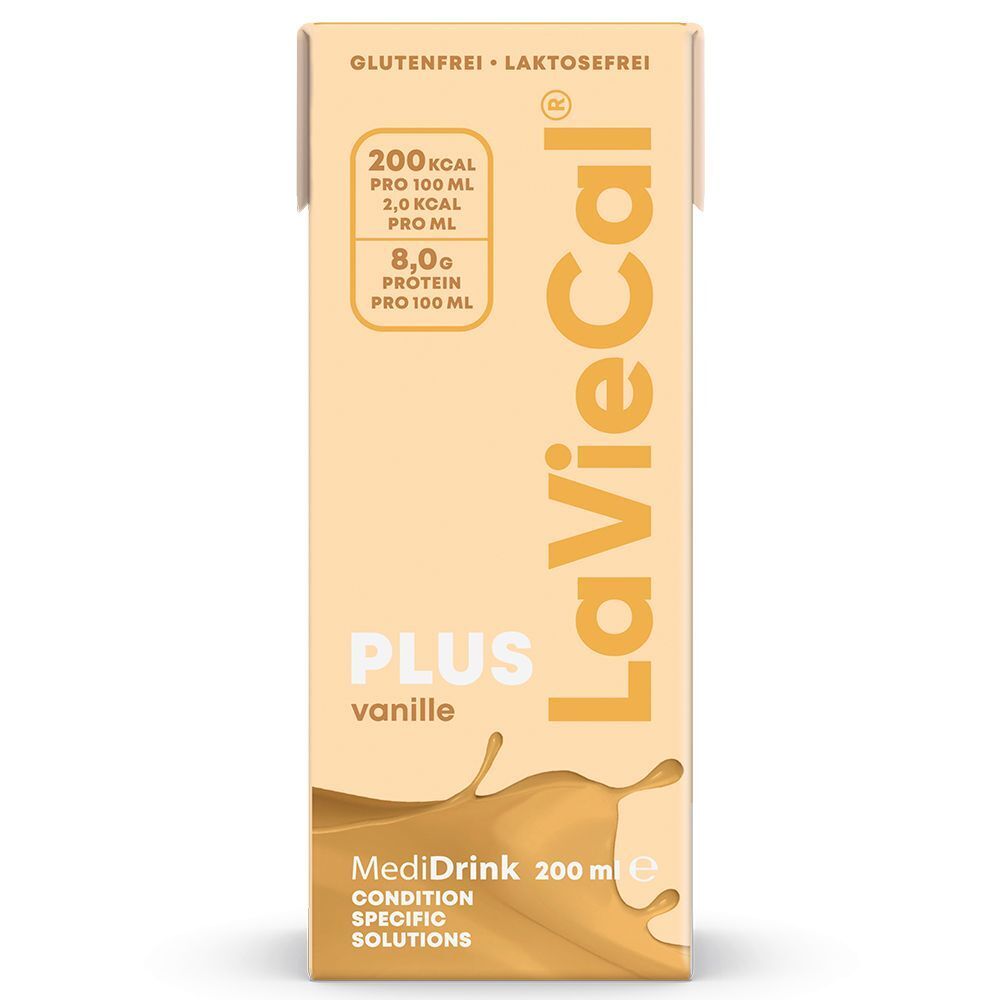 LaVieCal Plus Vanille-Packung. Beige mit Produktinformationen, Nährwertangaben und Logo. Glutenfrei und laktosefrei.