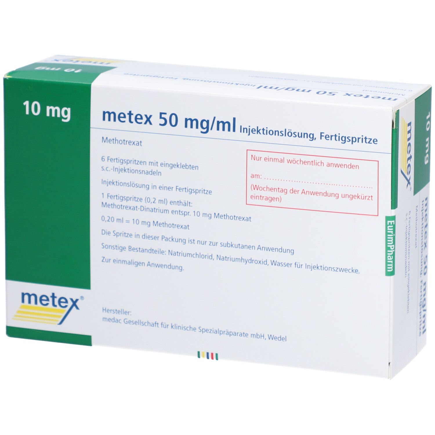 Verpackung von metex 50 mg/ml Injektionslösung, Fertigspritze. Enthält 6 Fertigspritzen. Aufschrift: 10 mg.