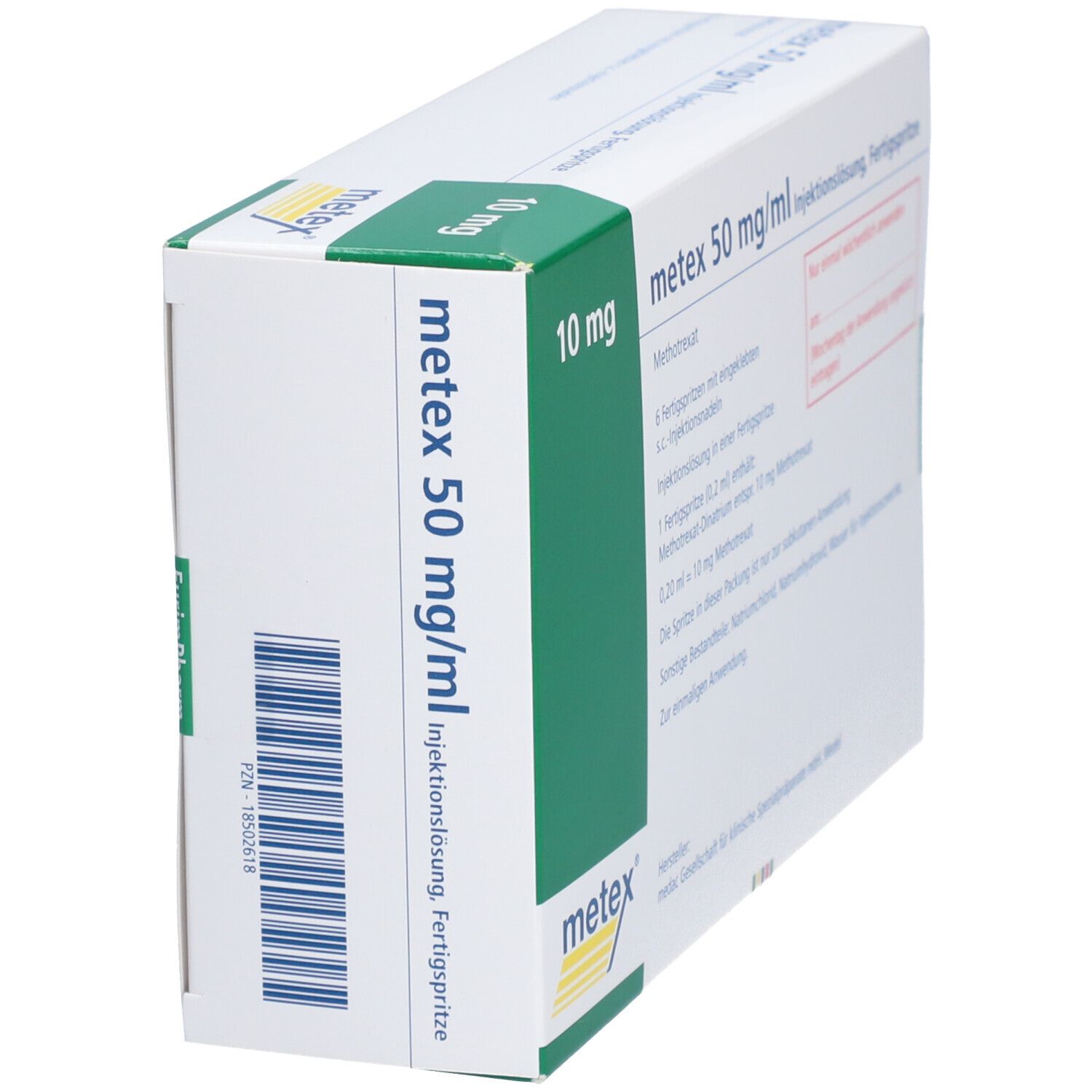 Seitenansicht der Verpackung von metex 50 mg/ml Injektionslösung, Fertigspritze. Grüne und weiße Farbgebung. Aufschrift: 10 mg.