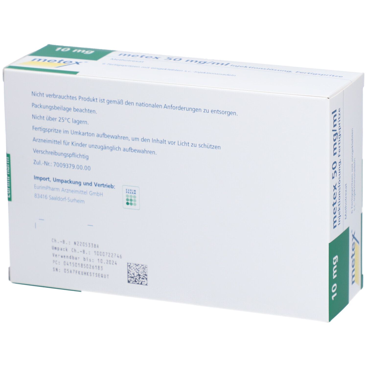 Rückseite der Verpackung von metex 50 mg/ml Injektionslösung, Fertigspritze. Weiße Verpackung mit Text. QR-Code und Chargennummer.