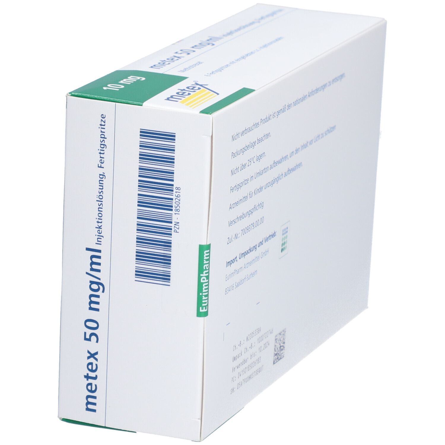 Schräge Seitenansicht der Verpackung von metex 50 mg/ml Injektionslösung, Fertigspritze. Weiße Verpackung mit Text. Barcode.