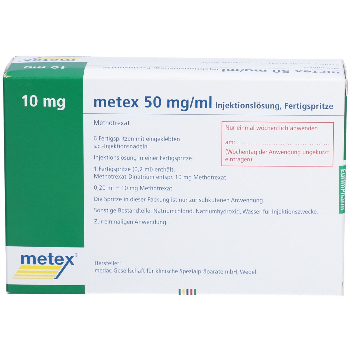 Vorderansicht der Verpackung von metex 50 mg/ml Injektionslösung, Fertigspritze. Enthält 6 Fertigspritzen. Aufschrift: 10 mg.