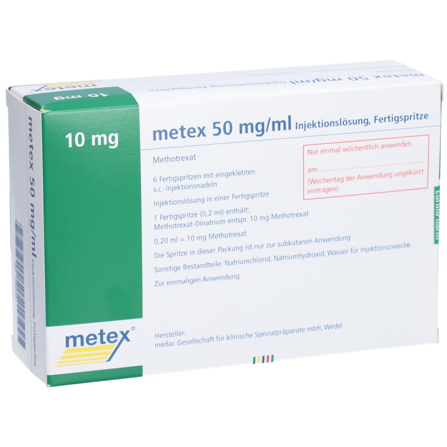 Vorderansicht der Verpackung von metex 50 mg/ml Injektionslösung, Fertigspritze. Enthält 6 Fertigspritzen. Aufschrift: 10 mg.