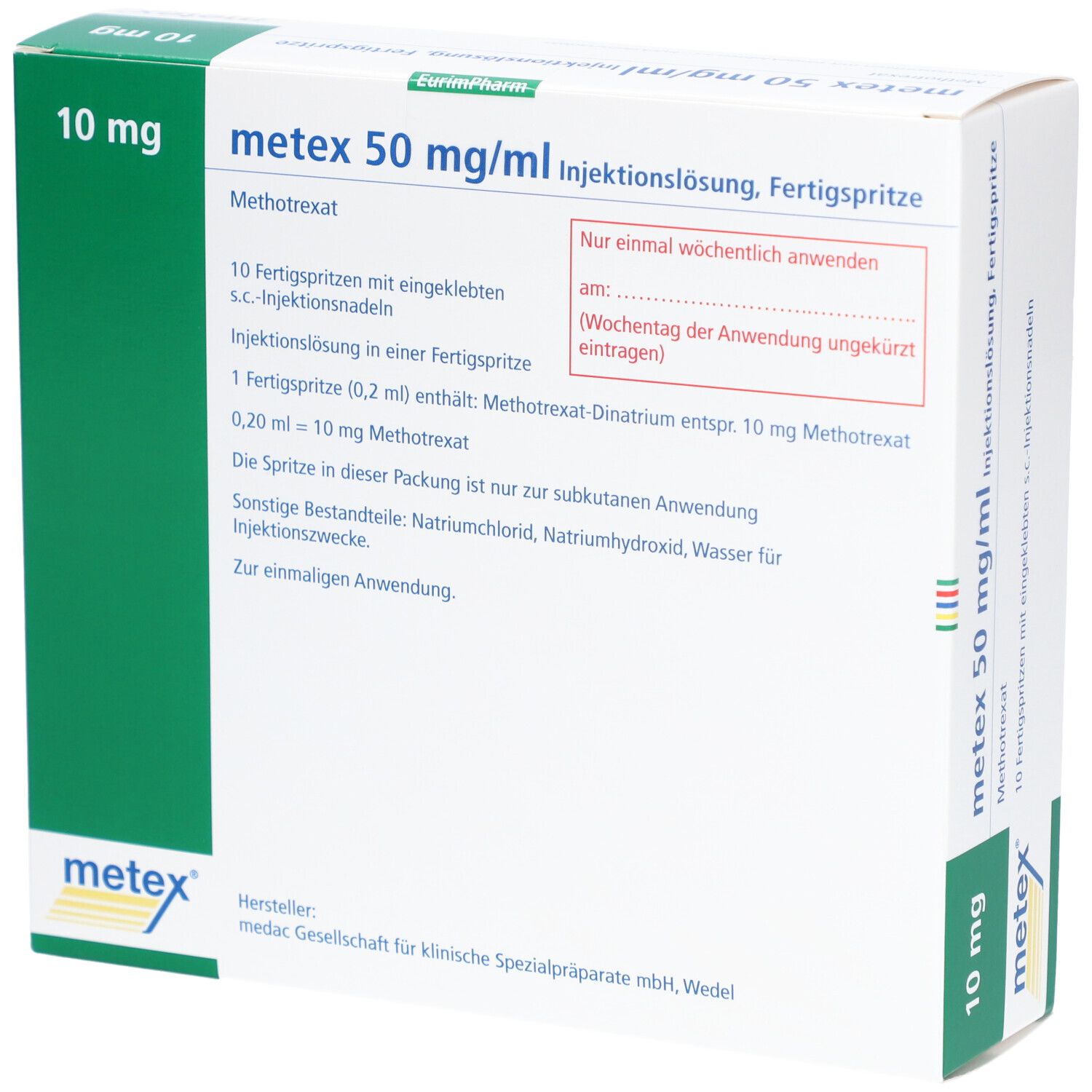 Weiße Verpackung mit grünen und blauen Akzenten. Aufschrift: metex 50 mg/ml Injektionslösung, Fertigspr.. 10 mg.