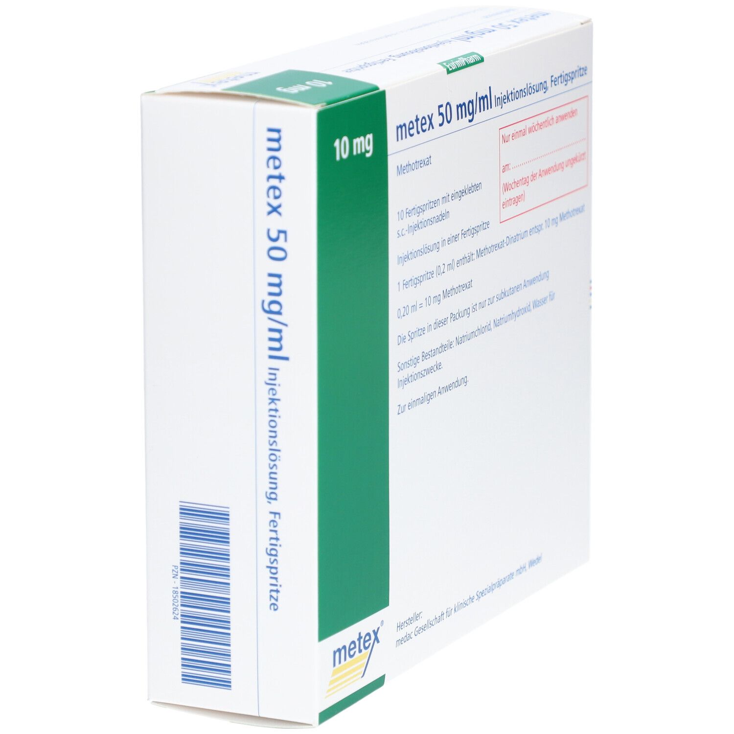 Weiße Verpackung mit grünen Akzenten. Aufschrift: metex 50 mg/ml Injektionslösung, Fertigspr.. 10 mg. Blaue Barcode.