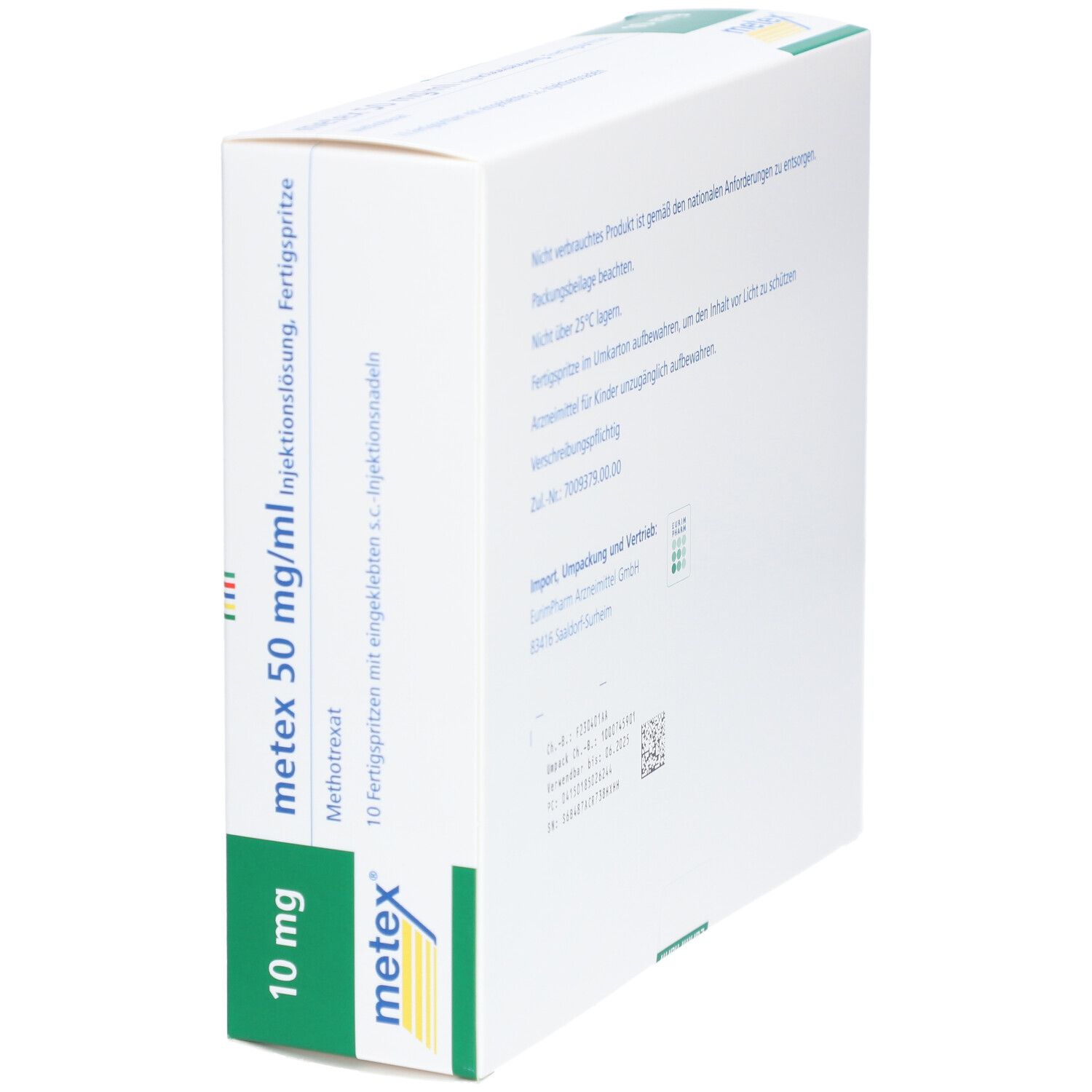 Weiße Verpackung mit grünen Akzenten. Aufschrift: metex 50 mg/ml Injektionslösung, Fertigspr.. 10 mg.
