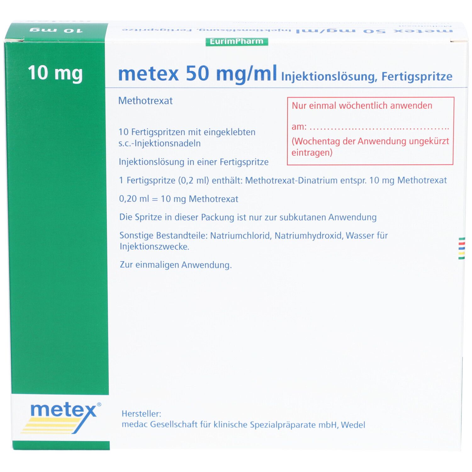 Weiße Verpackung mit grünen und blauen Akzenten. Aufschrift: metex 50 mg/ml Injektionslösung, Fertigspr.. 10 mg.