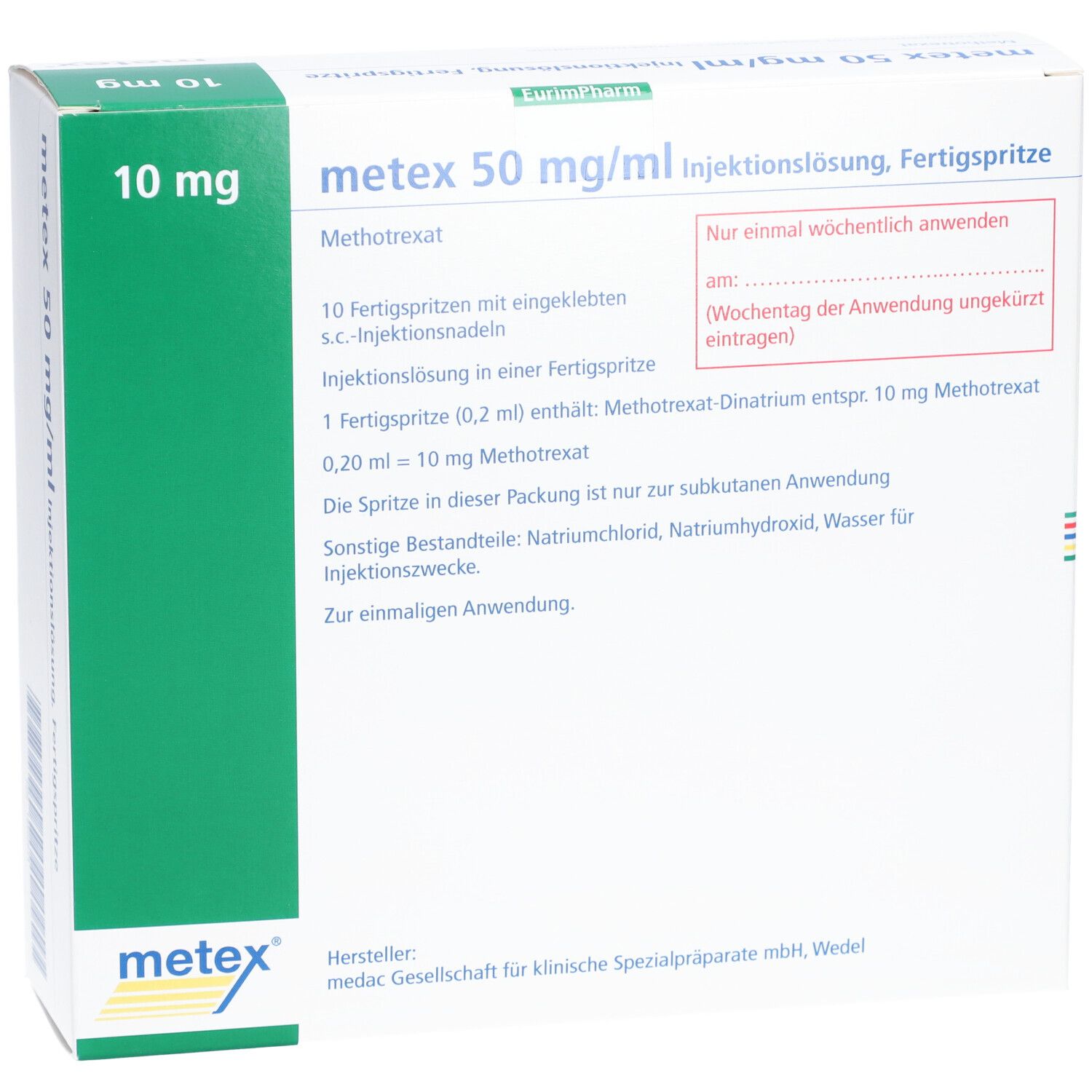 Weiße Verpackung mit grünen und blauen Akzenten. Aufschrift: metex 50 mg/ml Injektionslösung, Fertigspr.. 10 mg.