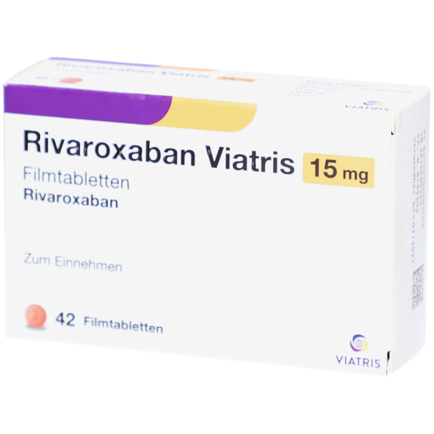 Schachtel mit RIVAROXABAN Viatris 15 mg Filmtabletten. Aufschrift: 42 Filmtabletten. Viatris Logo.