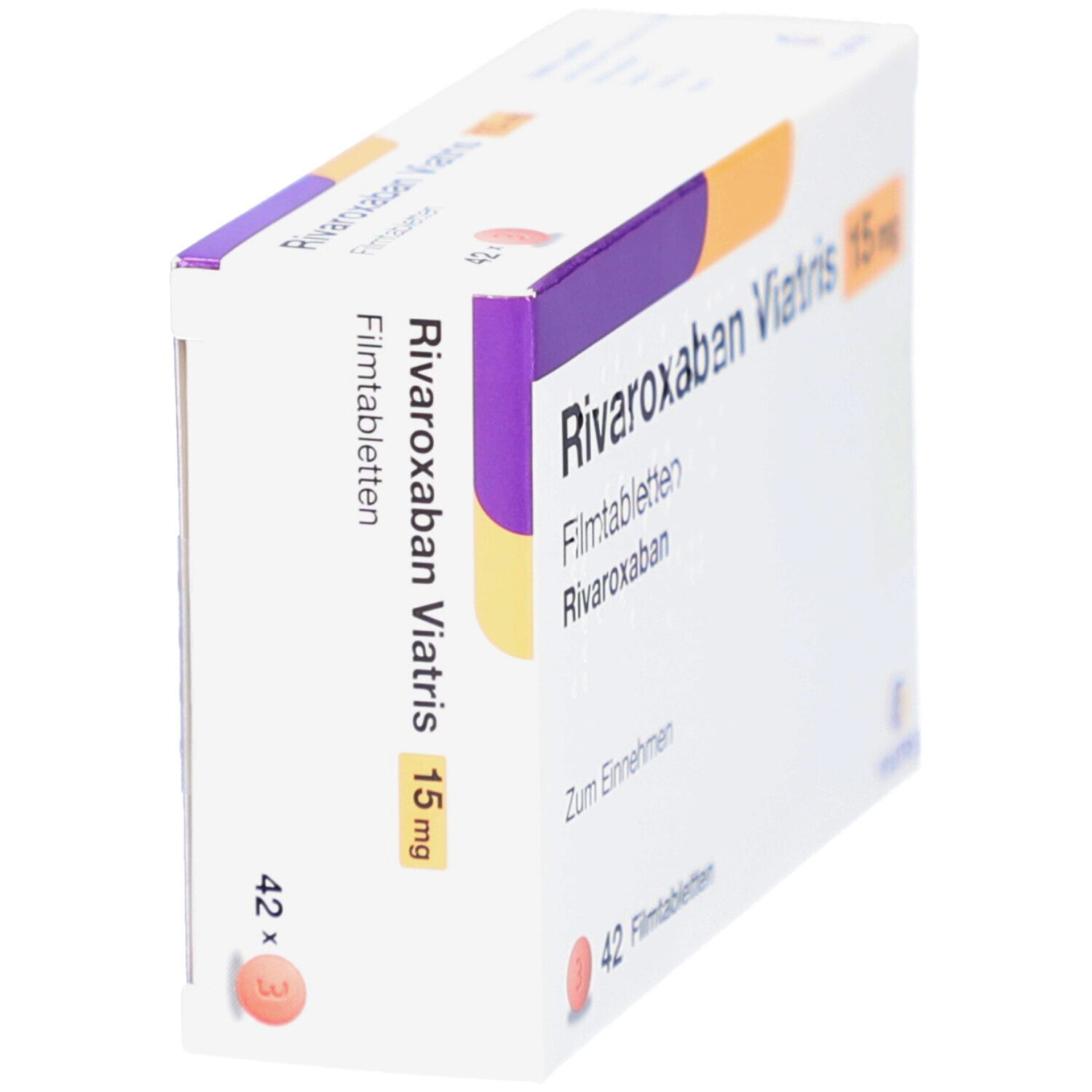 Schachtel RIVAROXABAN Viatris 15 mg Filmtabletten. Seitenansicht. Aufschrift: 42 Filmtabletten. Viatris Logo.