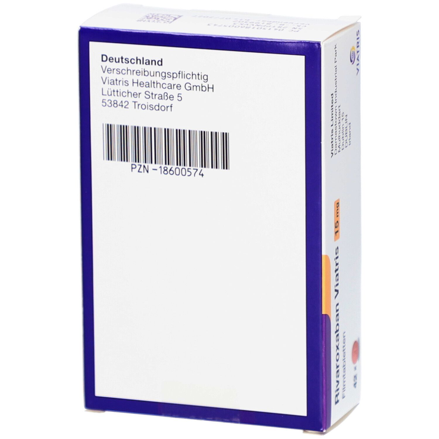 Rückseite der Schachtel mit RIVAROXABAN Viatris 15 mg Filmtabletten. Barcode und Herstellerinformationen.