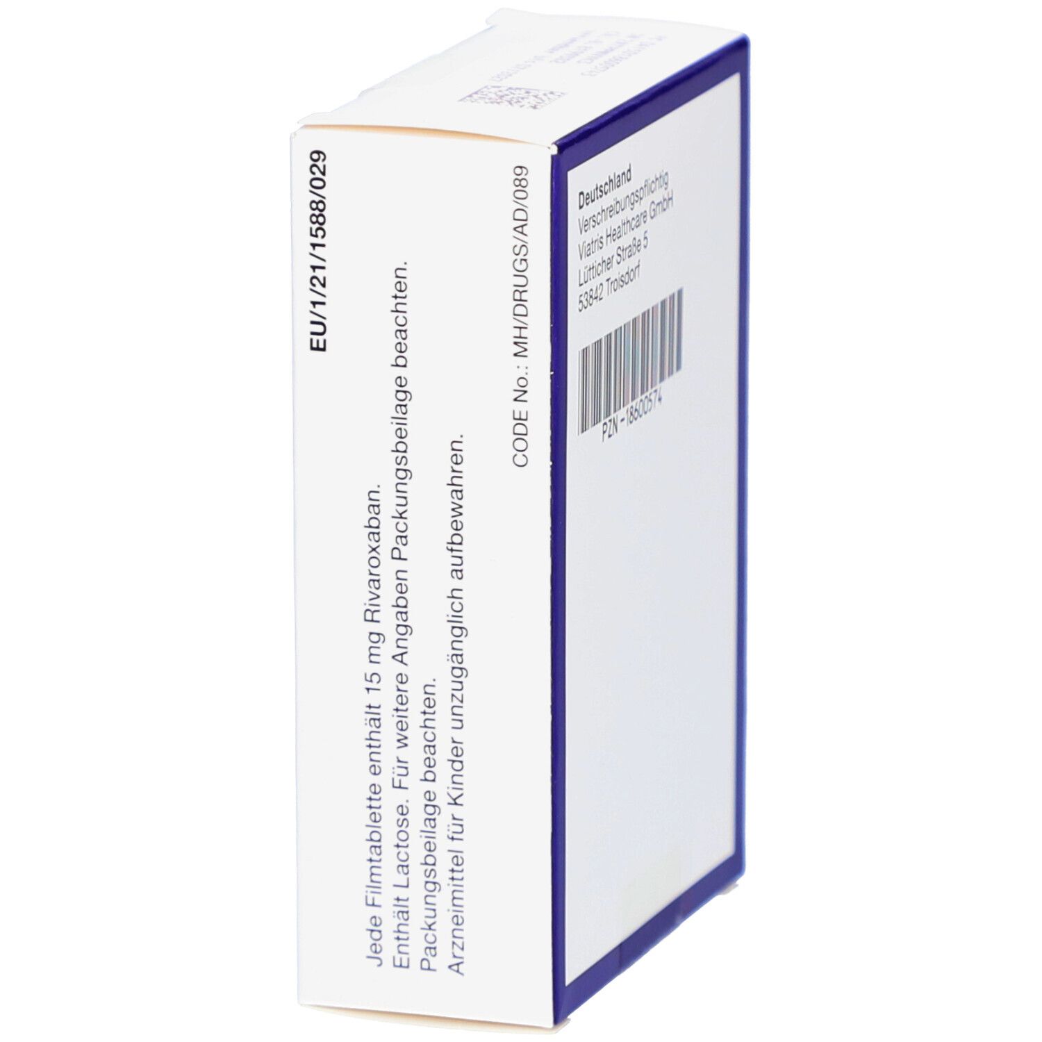 Seitenansicht der Schachtel mit RIVAROXABAN Viatris 15 mg Filmtabletten. Text: EU-Informationen.