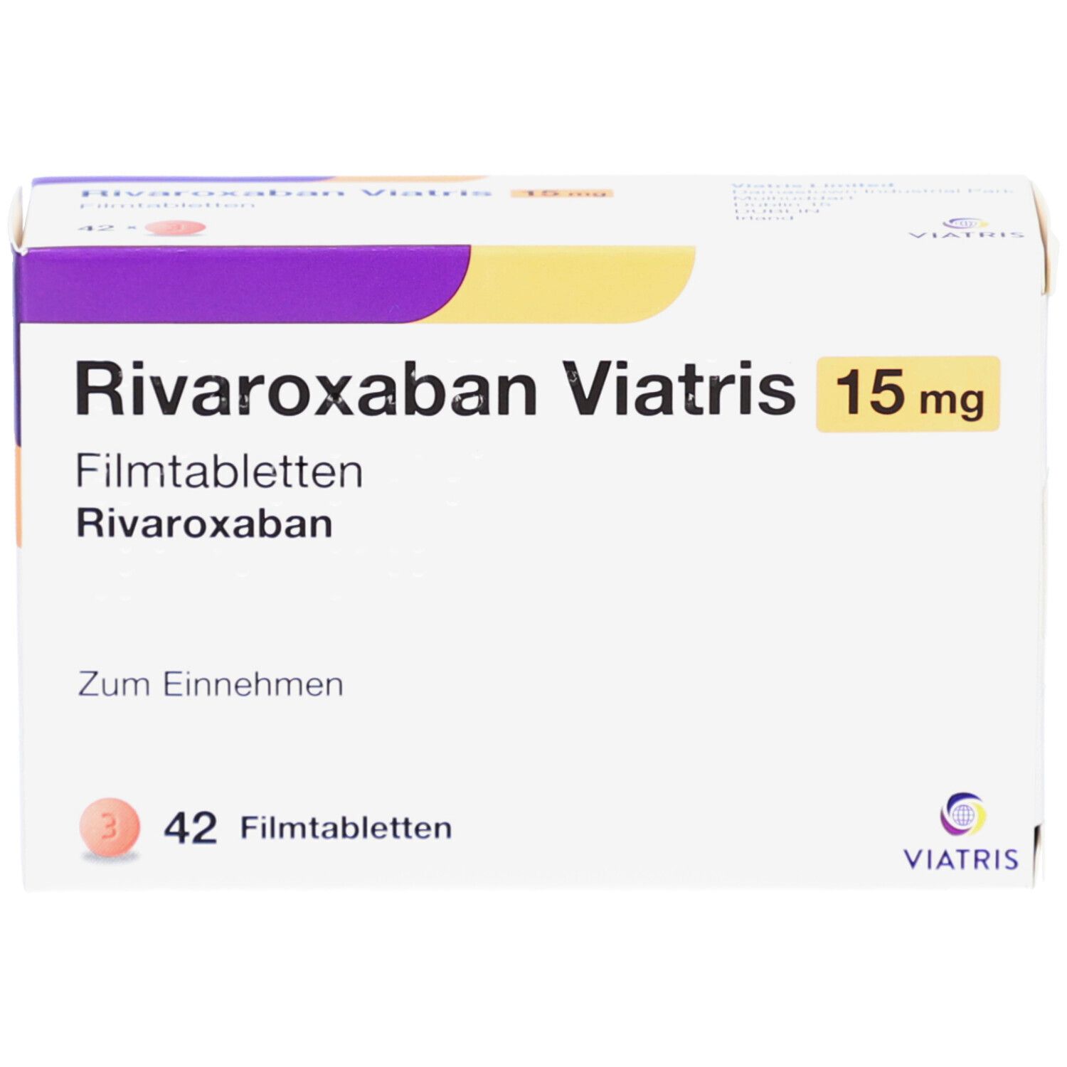 Schachtel mit RIVAROXABAN Viatris 15 mg Filmtabletten. Aufschrift: 42 Filmtabletten. Viatris Logo.