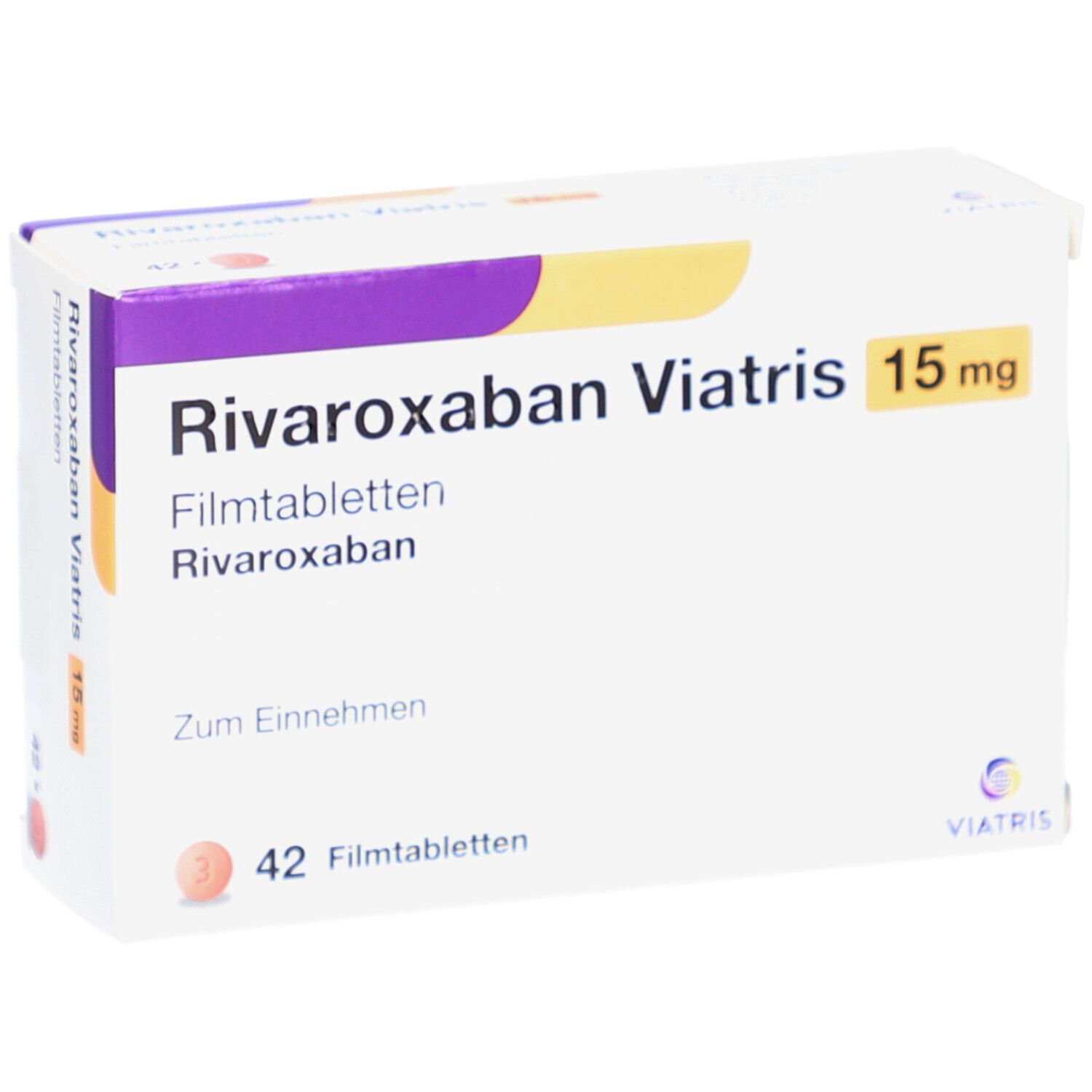 Schachtel mit RIVAROXABAN Viatris 15 mg Filmtabletten. Aufschrift: 42 Filmtabletten. Viatris Logo.