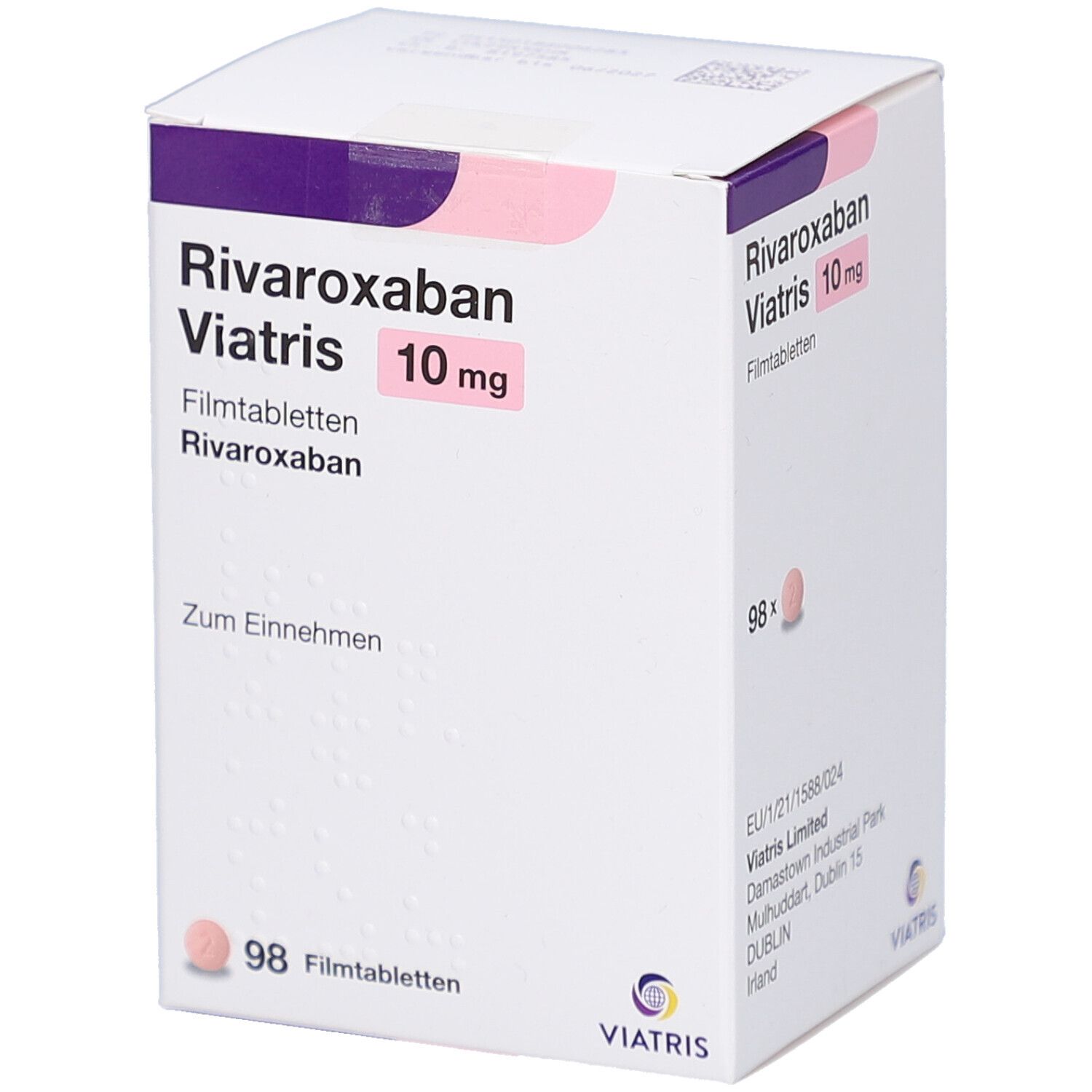 Schachtel mit RIVAROXABAN Viatris 10 mg Filmtabletten. Aufschrift: 98 Filmtabletten. Viatris Logo.