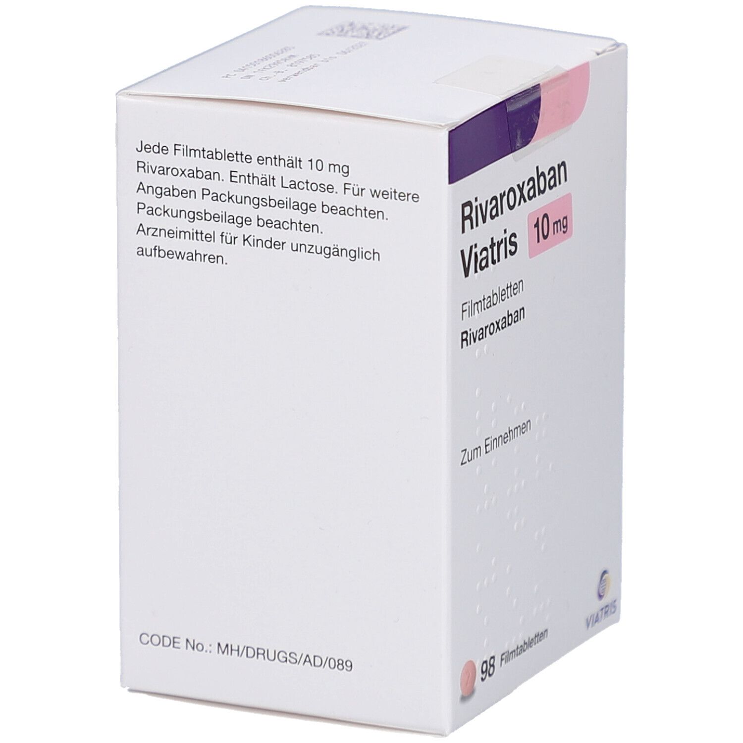 Schachtel mit RIVAROXABAN Viatris 10 mg Filmtabletten. Aufschrift: 98 Filmtabletten. Viatris Logo. Text.