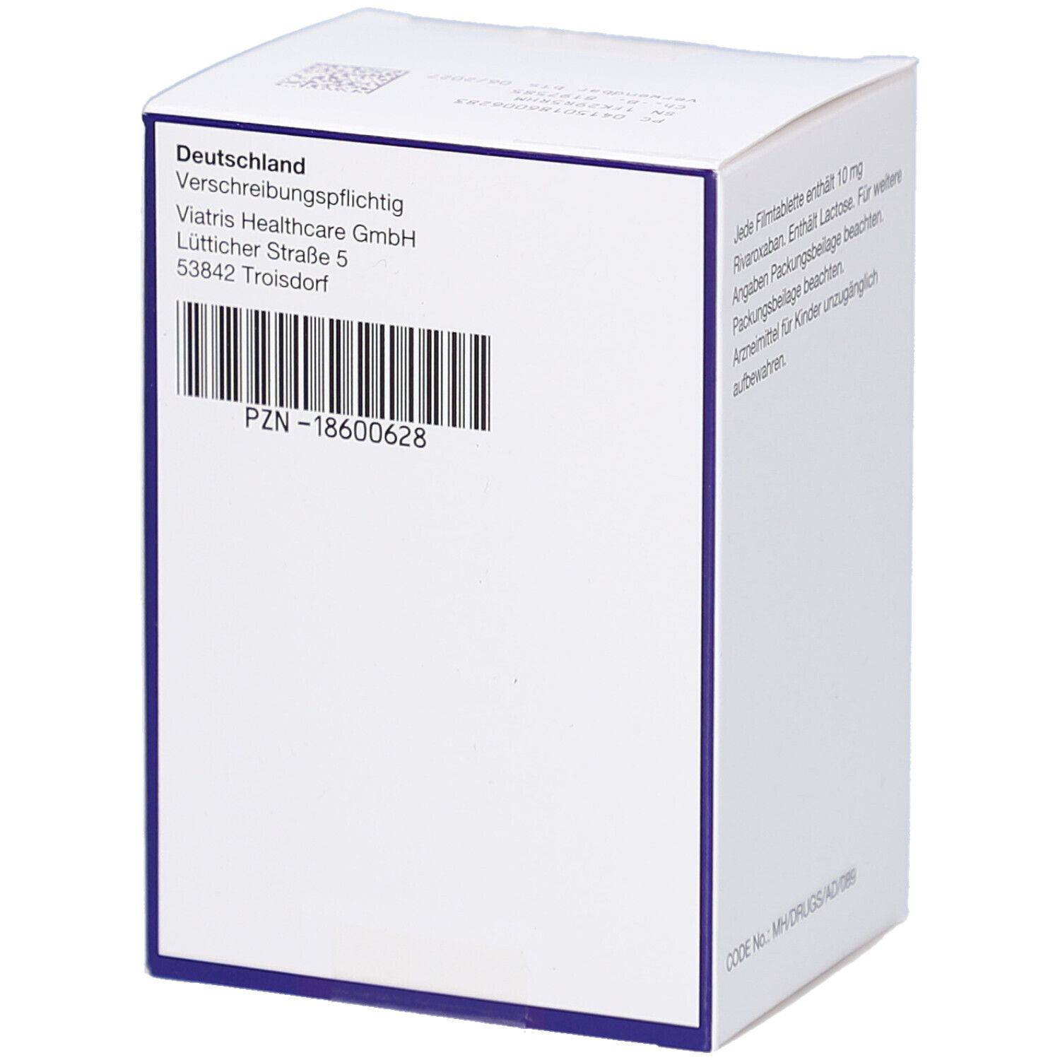 Rückseite der Schachtel mit RIVAROXABAN Viatris 10 mg Filmtabletten. Barcode und Text.