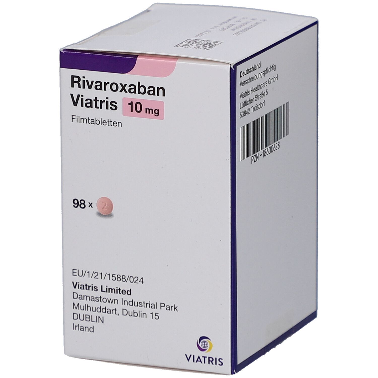 Schachtel mit RIVAROXABAN Viatris 10 mg Filmtabletten. Aufschrift: 98 Filmtabletten. Viatris Logo.