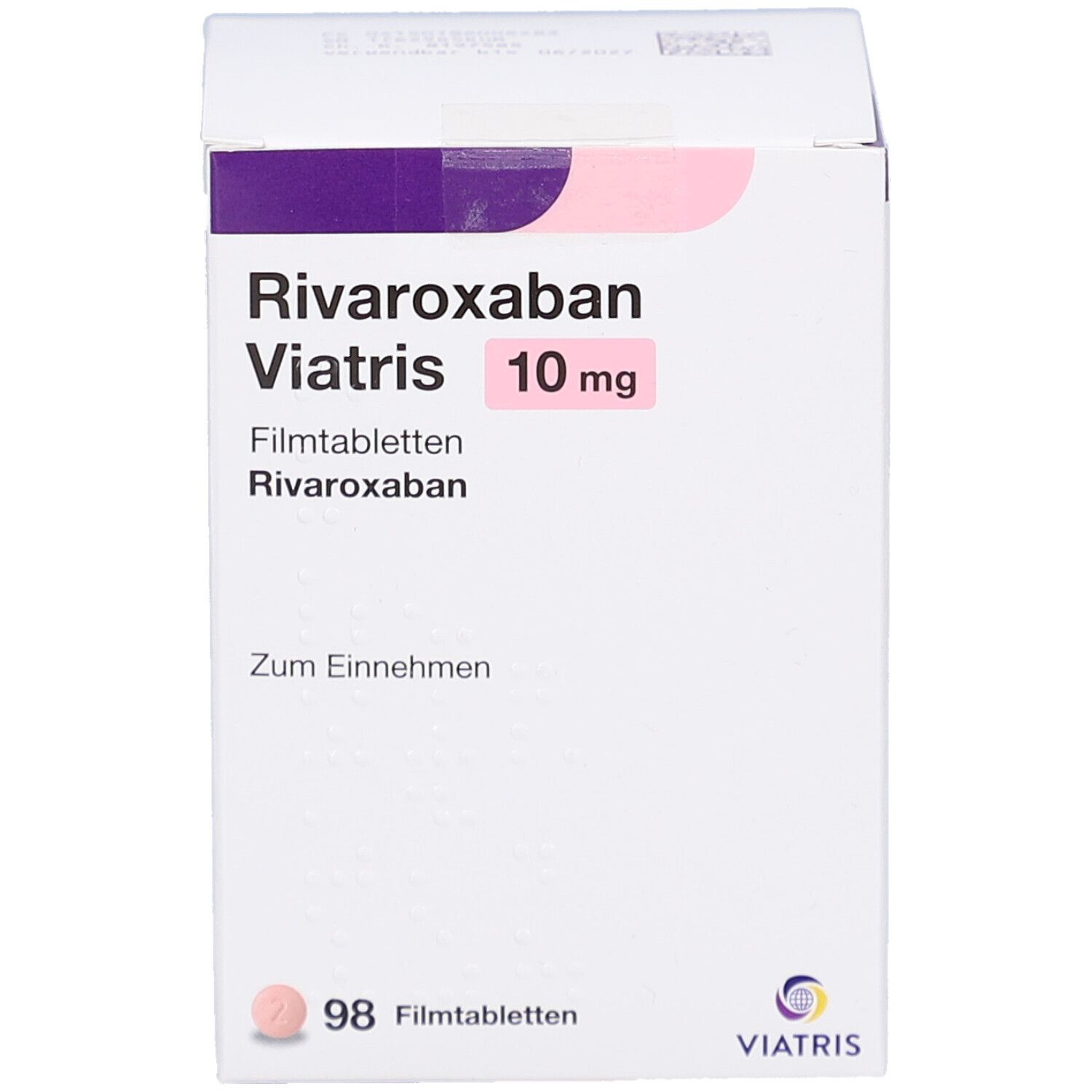 Schachtel mit RIVAROXABAN Viatris 10 mg Filmtabletten. Aufschrift: 98 Filmtabletten. Viatris Logo.