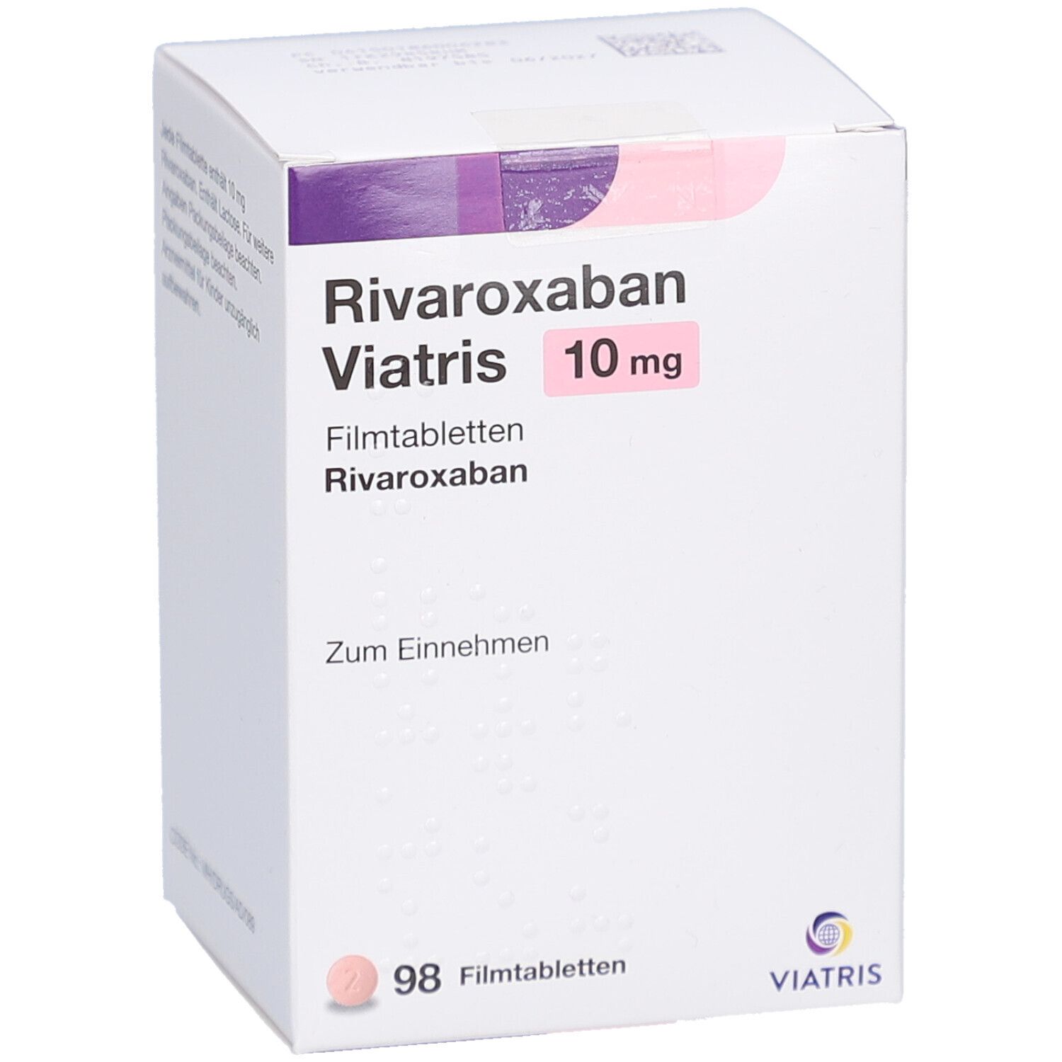 Schachtel mit RIVAROXABAN Viatris 10 mg Filmtabletten. Aufschrift: 98 Filmtabletten. Viatris Logo.