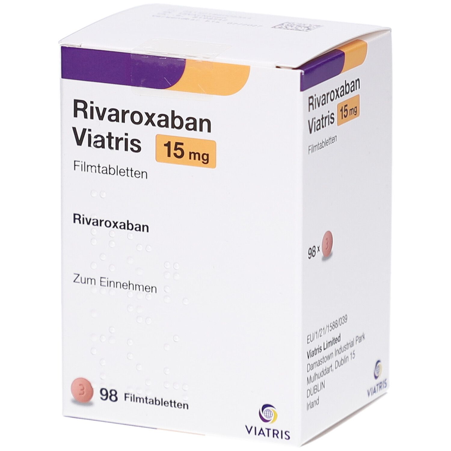 Schachtel mit RIVAROXABAN Viatris 15 mg Filmtabletten. Aufschrift: RIVAROXABAN Viatris 15 mg. Enthält 98 Filmtabletten. Viatris Logo.