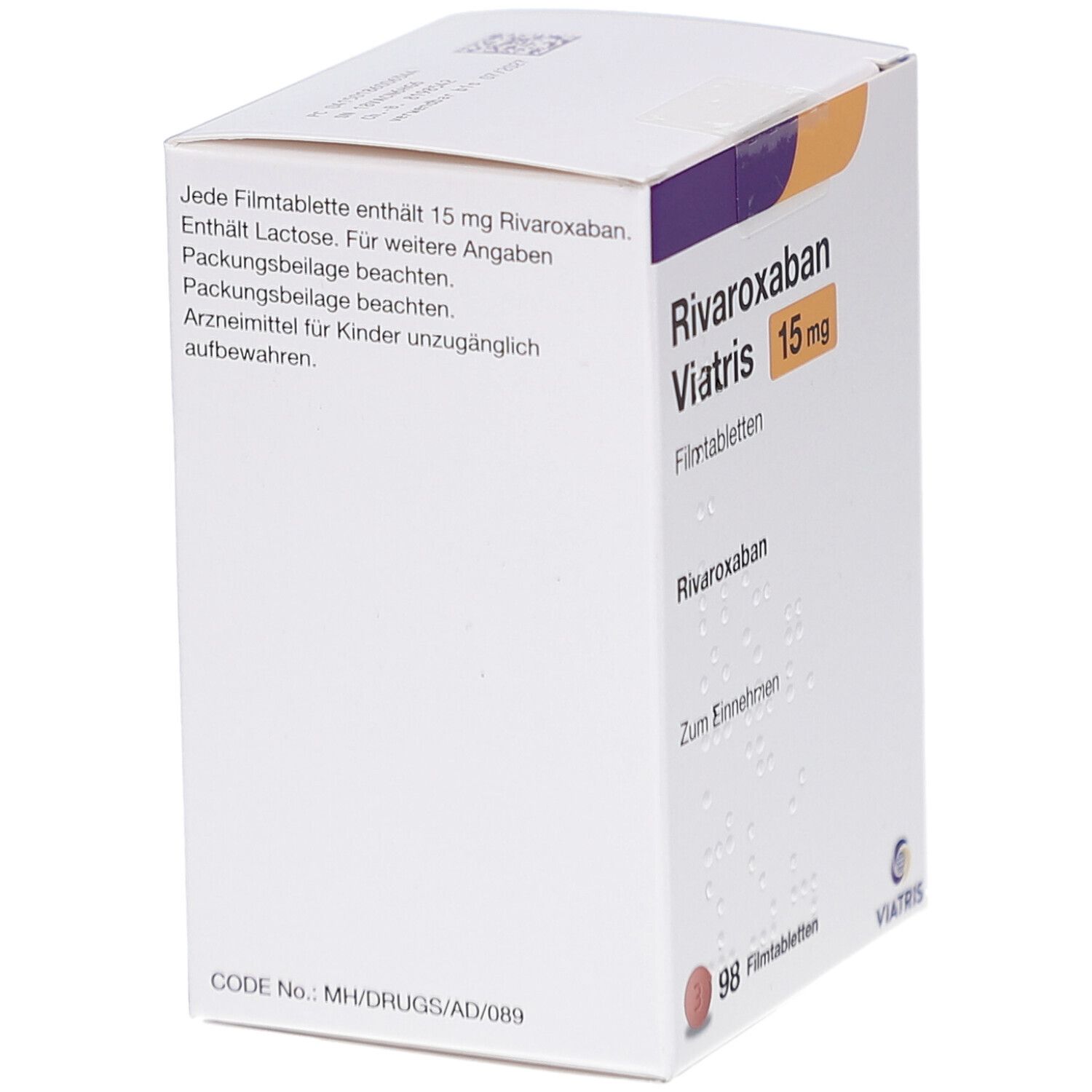 Schachtel mit RIVAROXABAN Viatris 15 mg Filmtabletten. Text: Enthält 15 mg Rivaroxaban. Packungsbeilage beachten. Code: MH/DRUGS/AD/089.