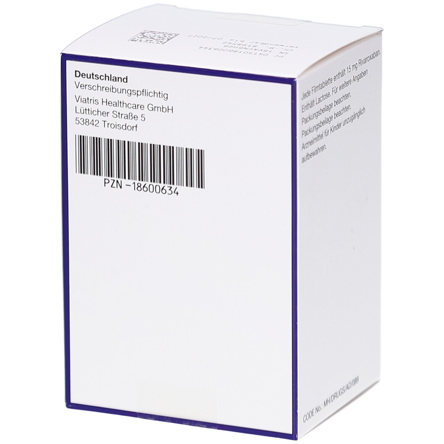 Rückseite der Schachtel mit RIVAROXABAN Viatris 15 mg Filmtabletten. Adresse: Viatris Healthcare GmbH, Lütticher Straße 5, 53842 Troisdorf. Barcode.