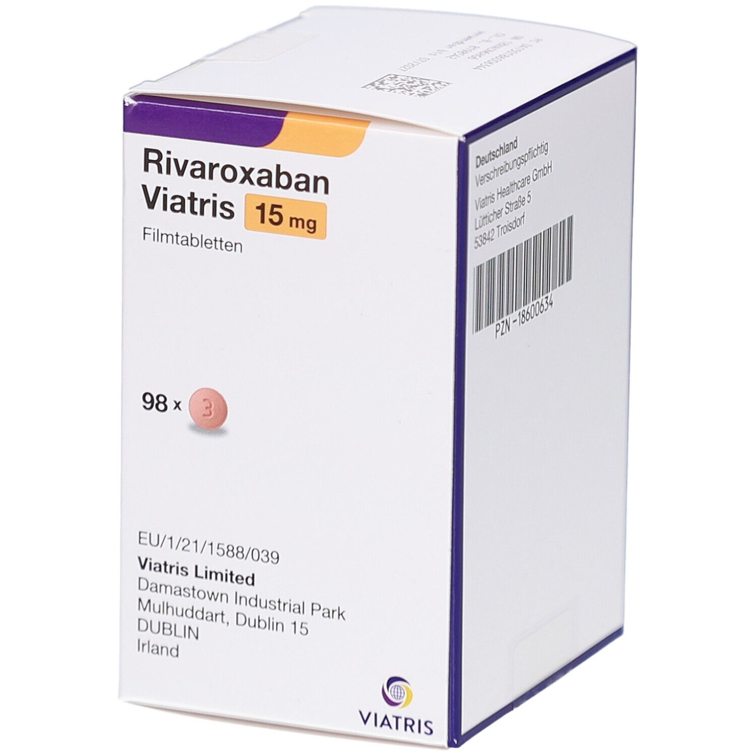 Schachtel mit RIVAROXABAN Viatris 15 mg Filmtabletten. Aufschrift: RIVAROXABAN Viatris 15 mg. Enthält 98 Filmtabletten. Viatris Logo. Adresse.