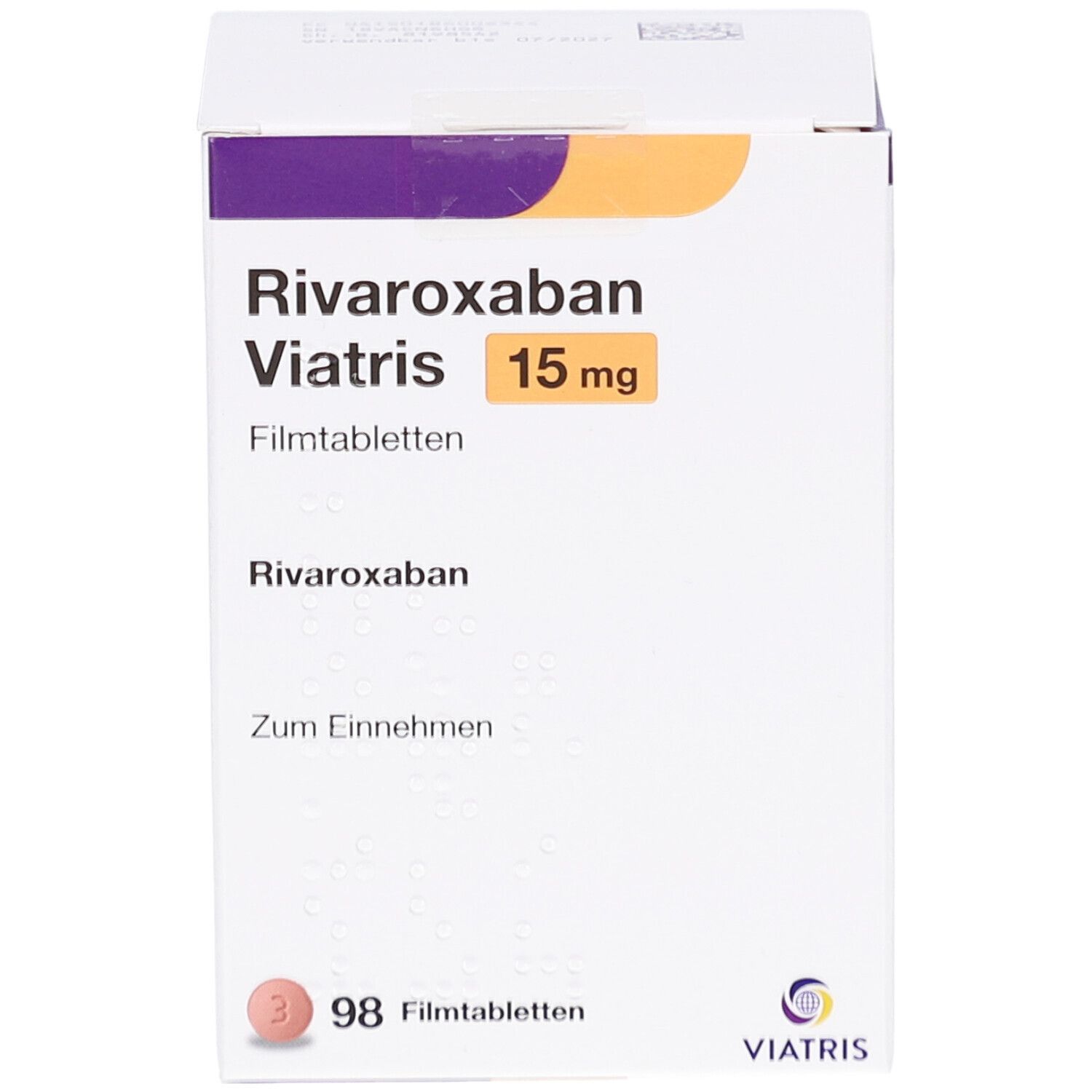 Schachtel mit RIVAROXABAN Viatris 15 mg Filmtabletten. Aufschrift: RIVAROXABAN Viatris 15 mg. Enthält 98 Filmtabletten. Viatris Logo.