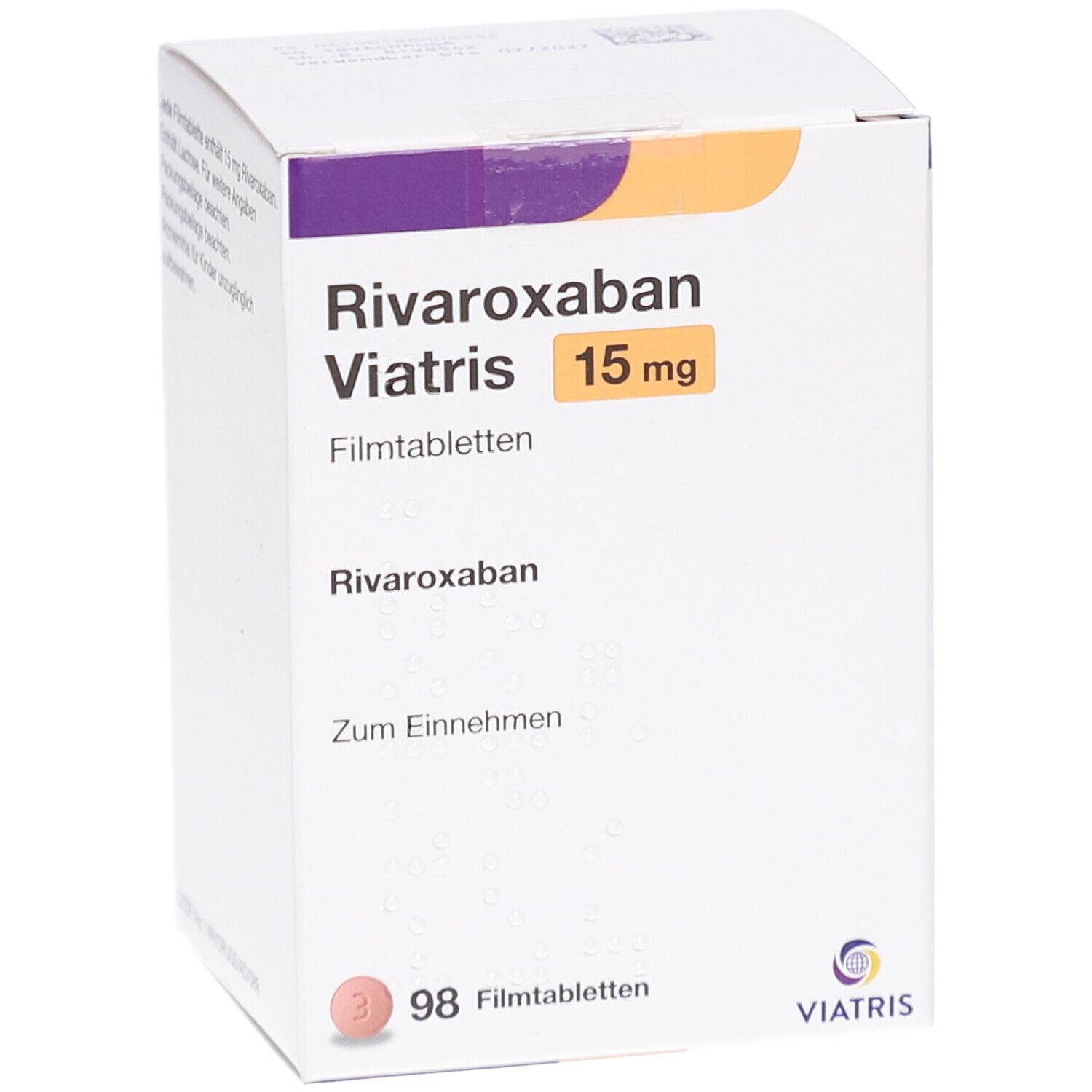 Schachtel mit RIVAROXABAN Viatris 15 mg Filmtabletten. Aufschrift: RIVAROXABAN Viatris 15 mg. Enthält 98 Filmtabletten. Viatris Logo.