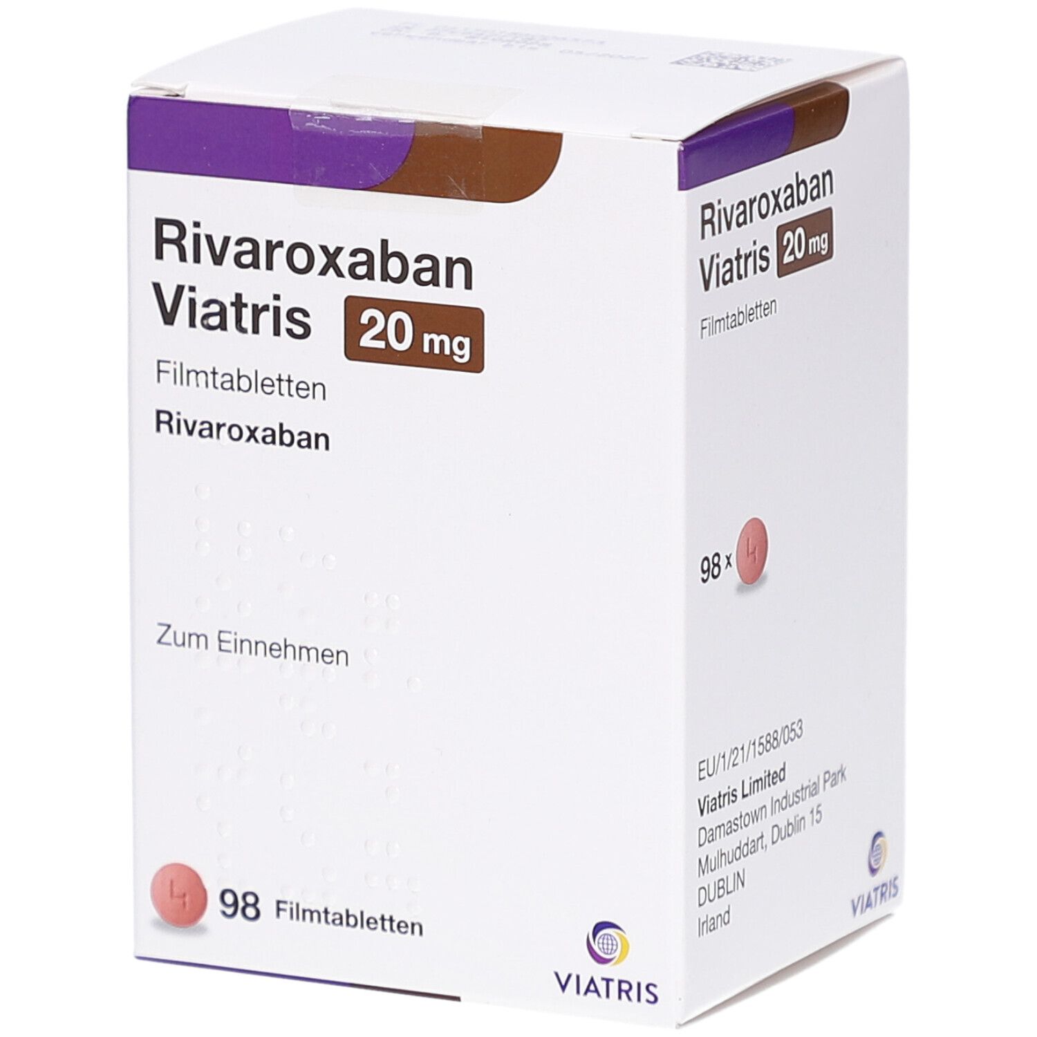 Weißer Karton mit Aufschrift RIVAROXABAN Viatris 20 mg Filmtabletten. Enthält 98 Tabletten. Viatris Logo.