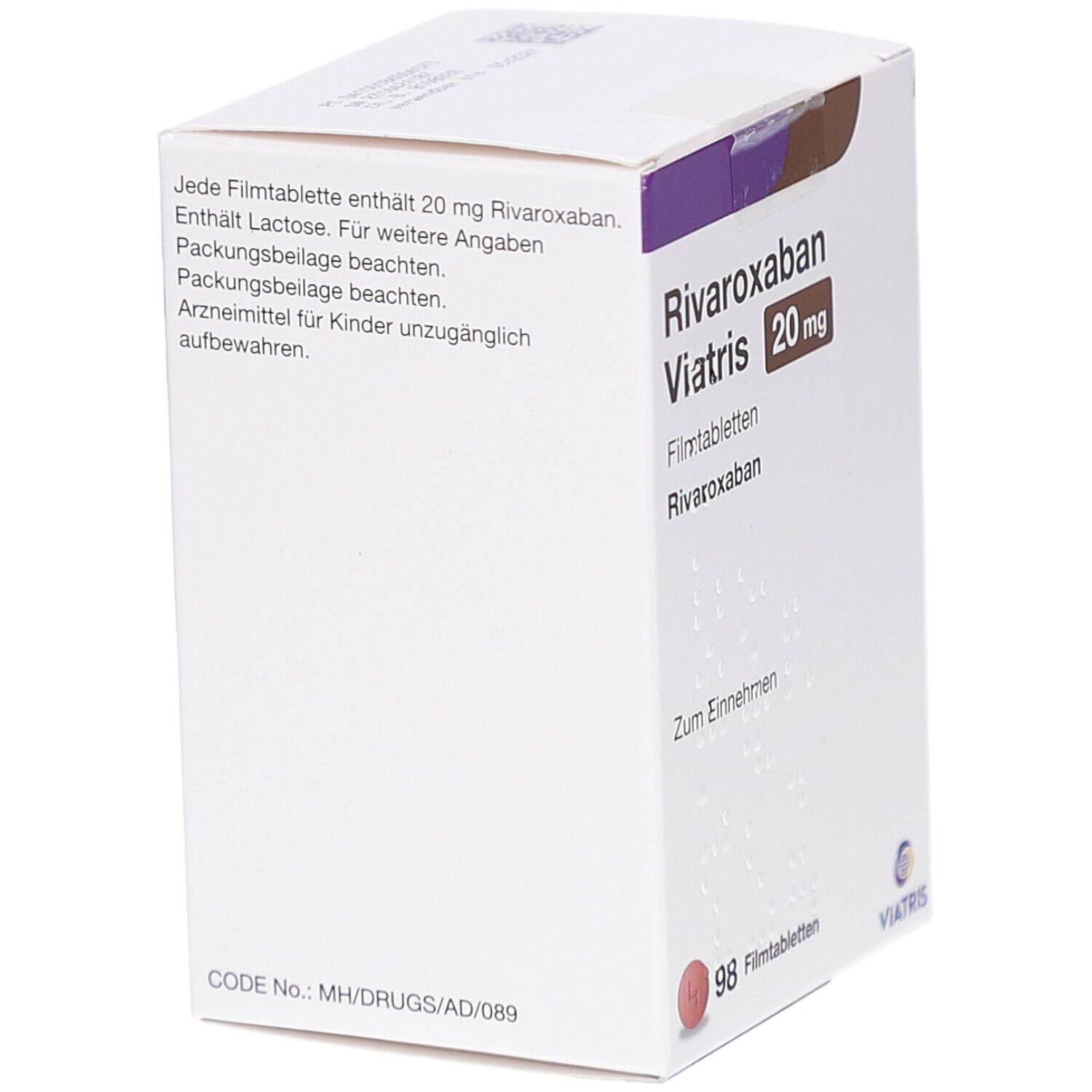 Weißer Karton mit Aufschrift RIVAROXABAN Viatris 20 mg Filmtabletten. Enthält 98 Tabletten. Textinformationen.