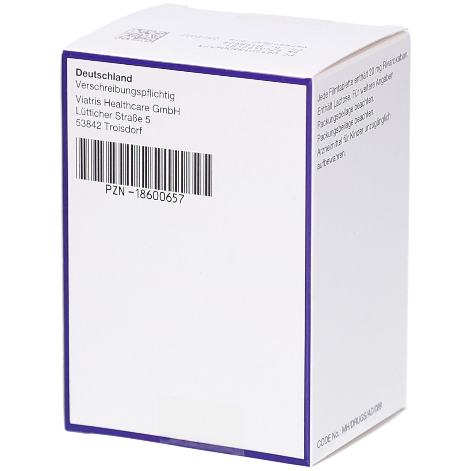 Rückseite eines weißen Kartons mit Barcode und Textinformationen. Viatris Healthcare GmbH.