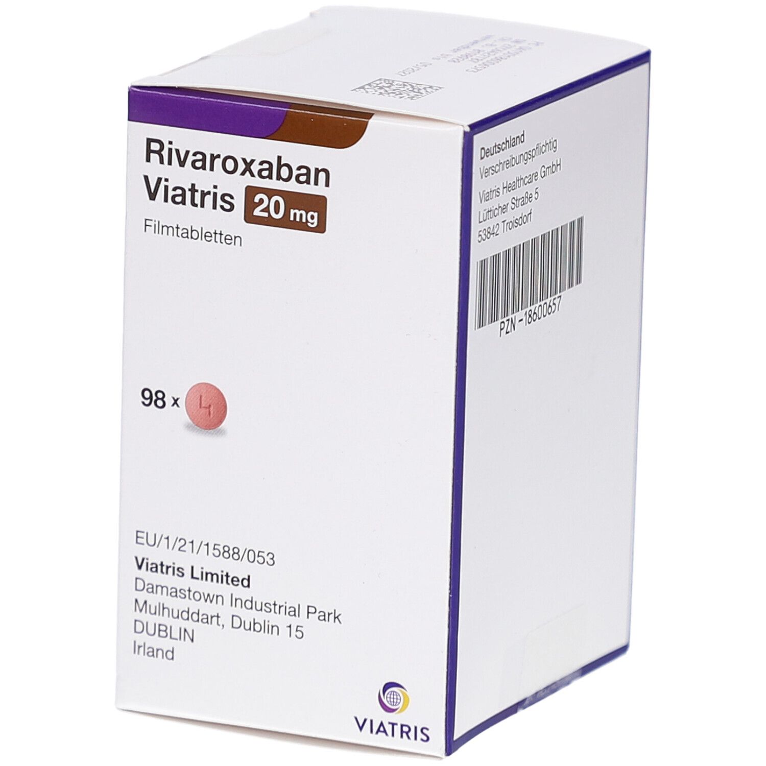 Weißer Karton mit Aufschrift RIVAROXABAN Viatris 20 mg Filmtabletten. Enthält 98 Tabletten. Barcode.