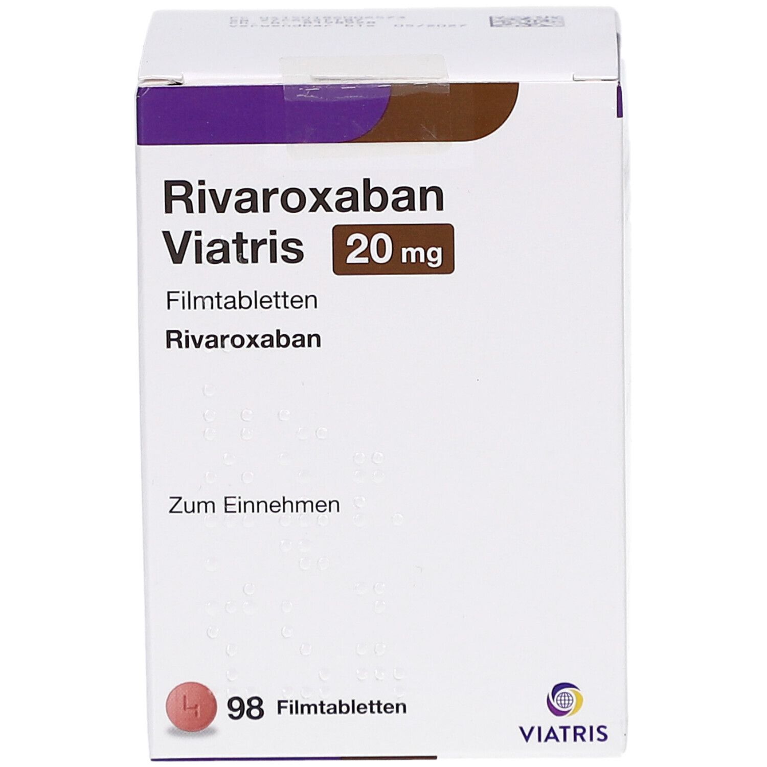 Weißer Karton mit Aufschrift RIVAROXABAN Viatris 20 mg Filmtabletten. Enthält 98 Tabletten. Viatris Logo.